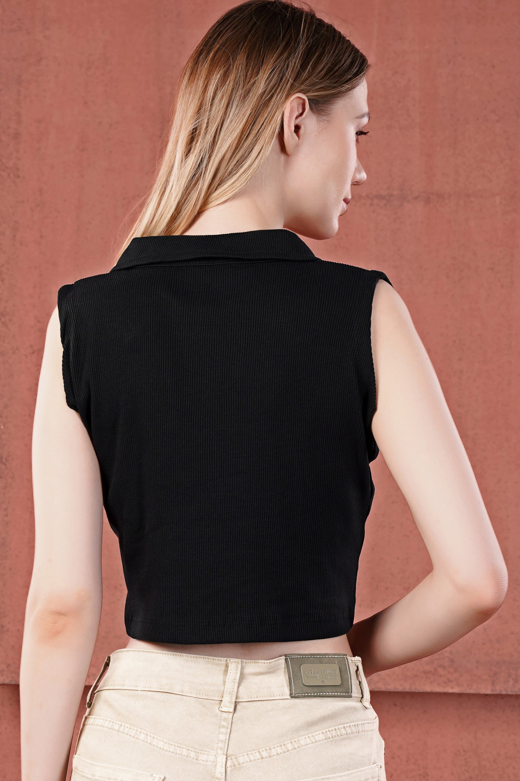 Jade Black Premium Cotton Knit Stretchable Crop Top with Polo Collar