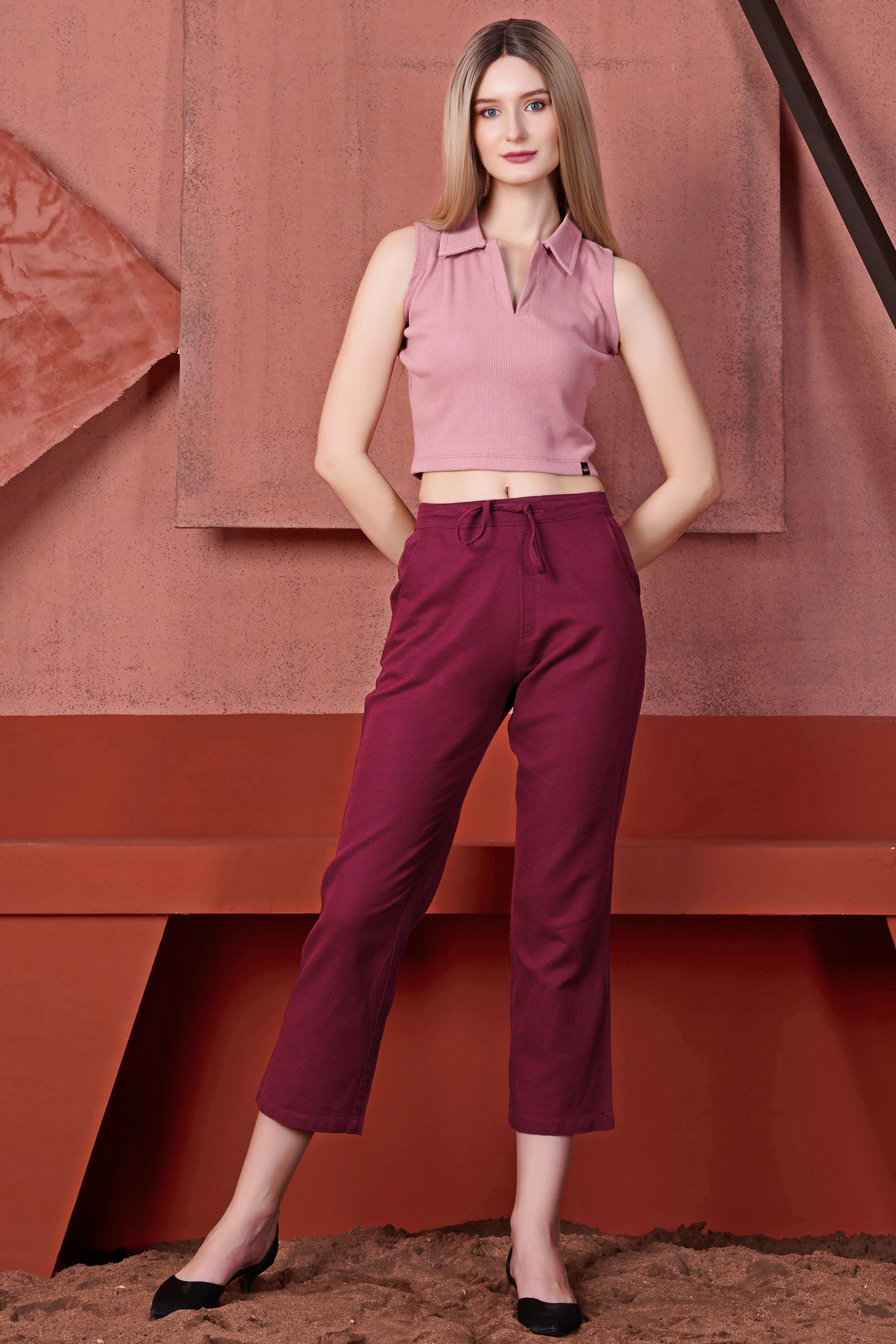 Mauve Pink Premium Cotton Knit Stretchable Crop Top with Polo Collar