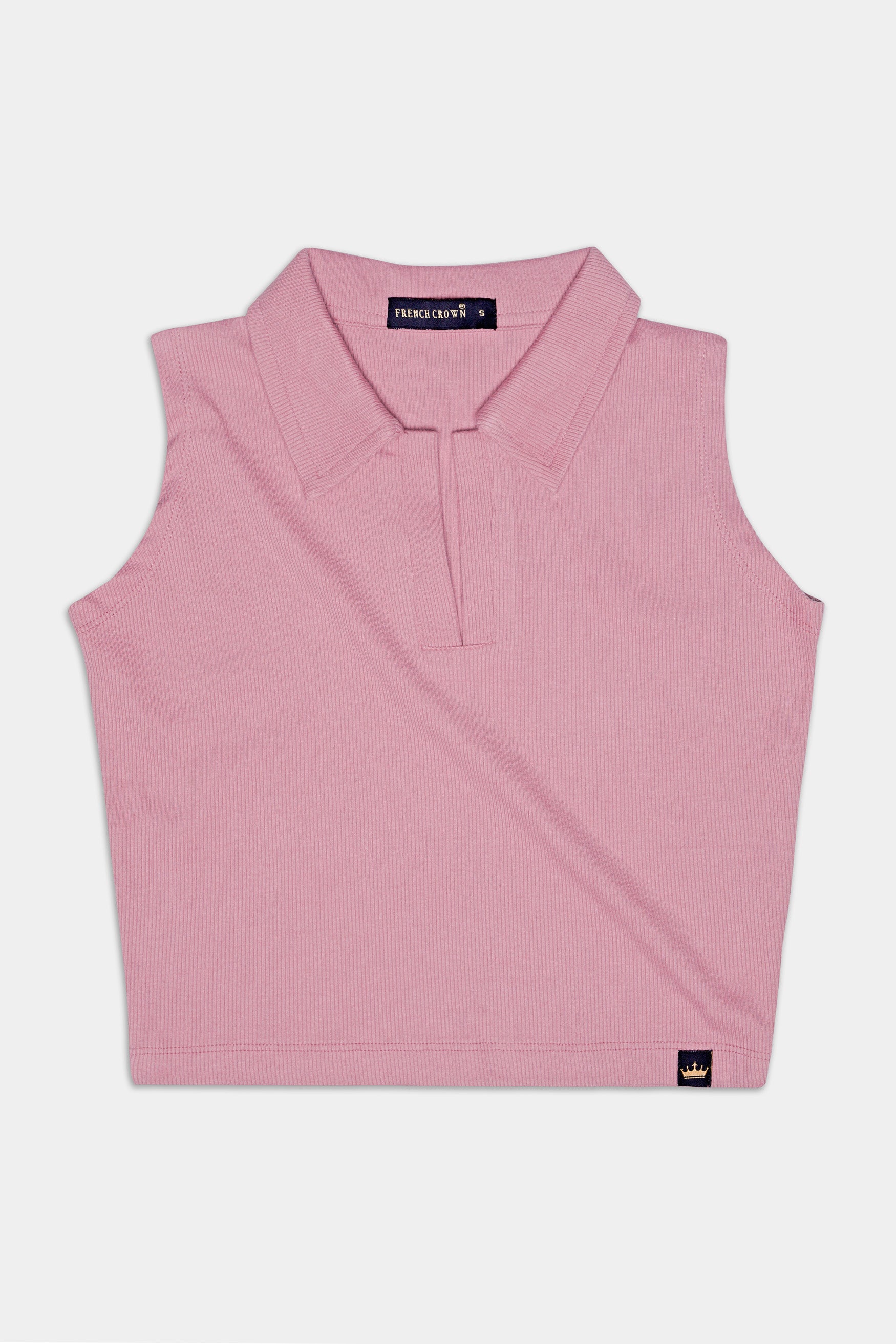 Mauve Pink Premium Cotton Knit Stretchable Crop Top with Polo Collar