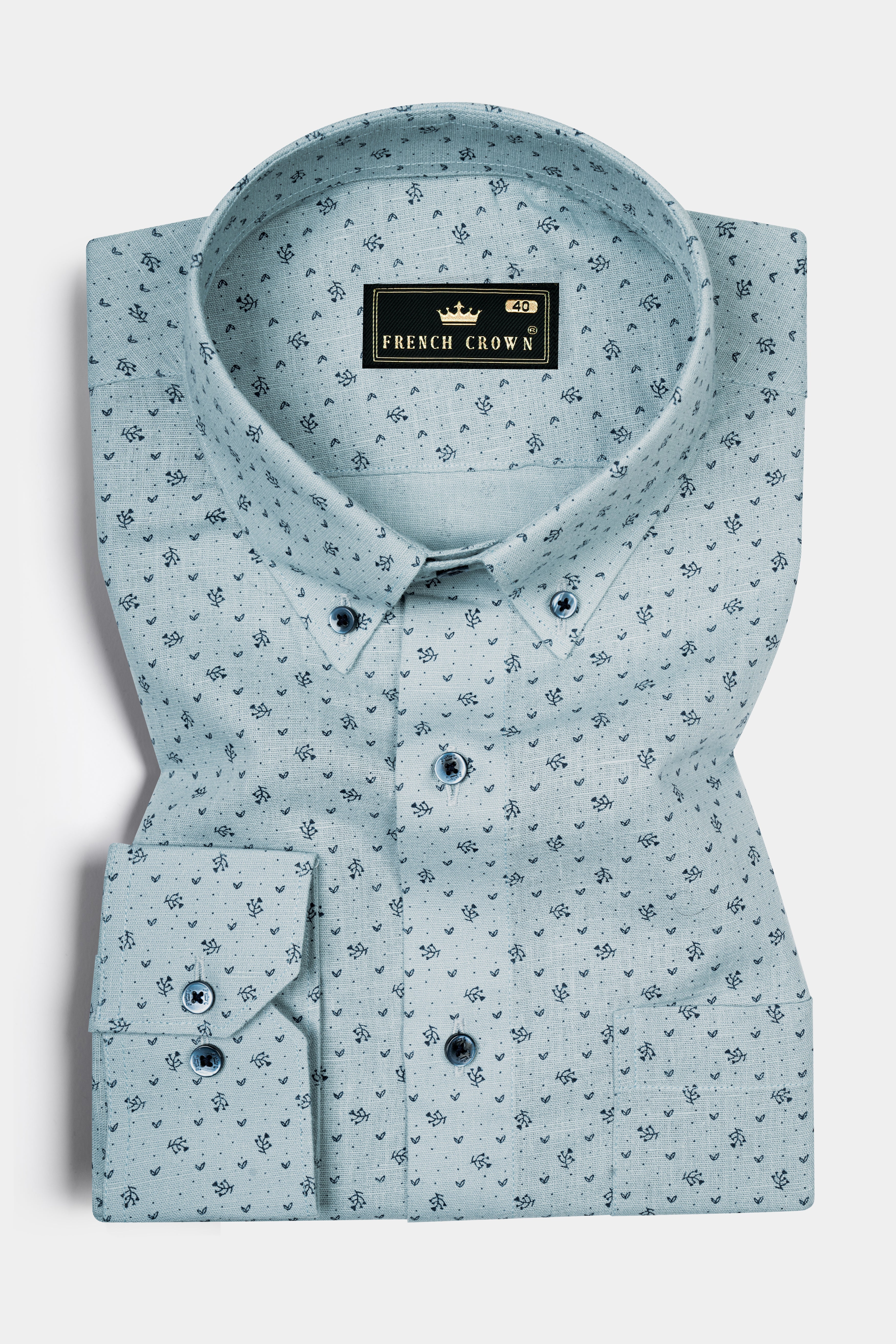 Casper Gray with cinder Blue Flower Printed Luxurious Linen Shirt