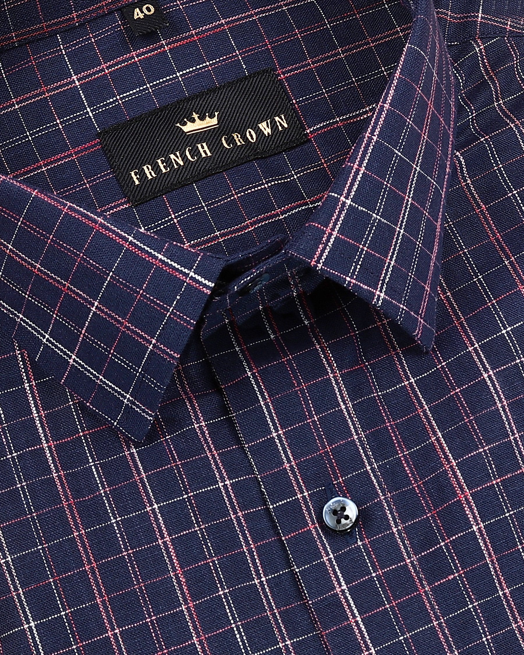 Navy Checked Premium Cotton-linen Blend Shirt