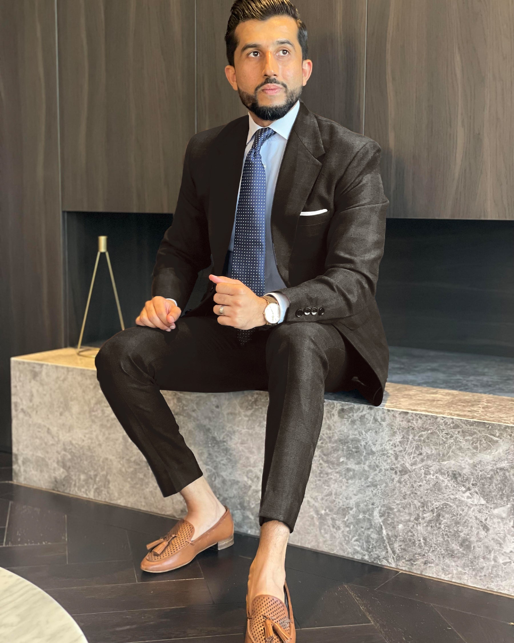 Chocolate Brown subtle windowpane Dobby Wool Double Breasted Tweed Suit