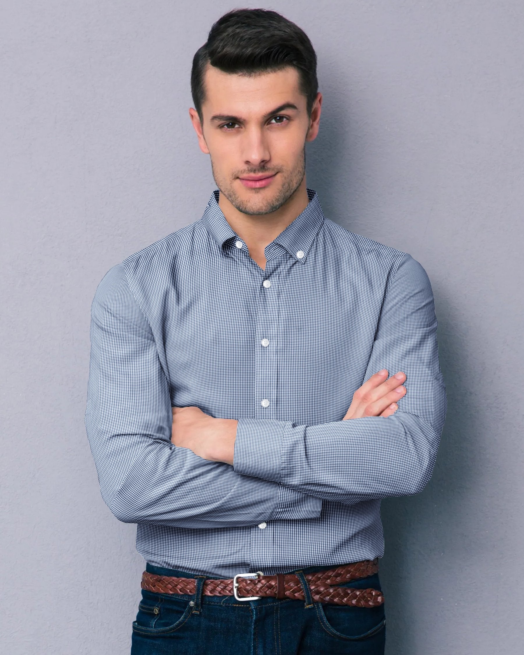 Mid blue Micro-checked Premium Cotton Shirt