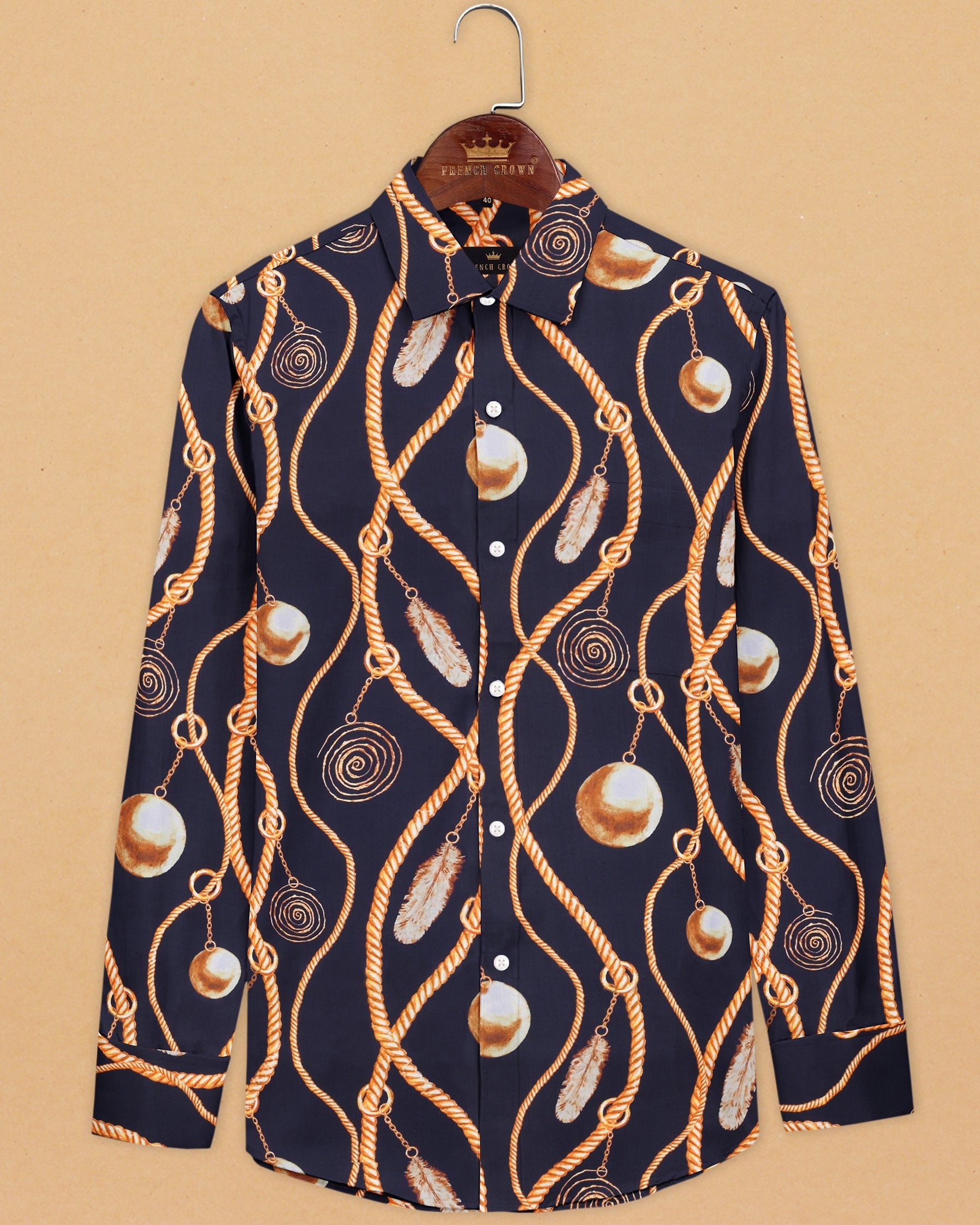 Black with Golden Rope, Feather and ball Print Premium Cotton Shirt