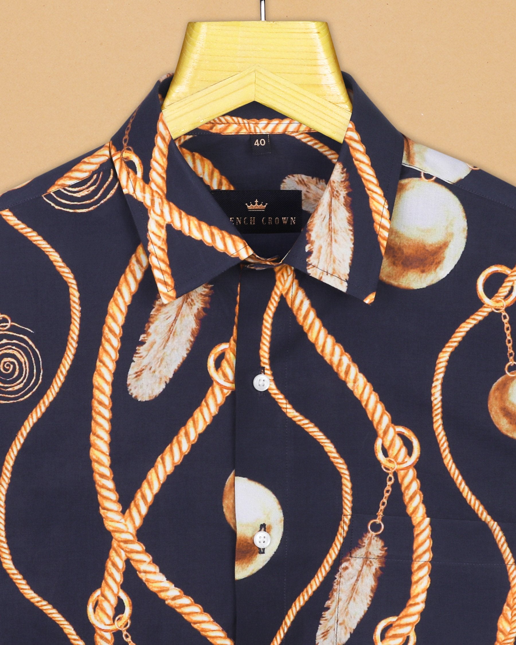 Black with Golden Rope, Feather and ball Print Premium Cotton Shirt