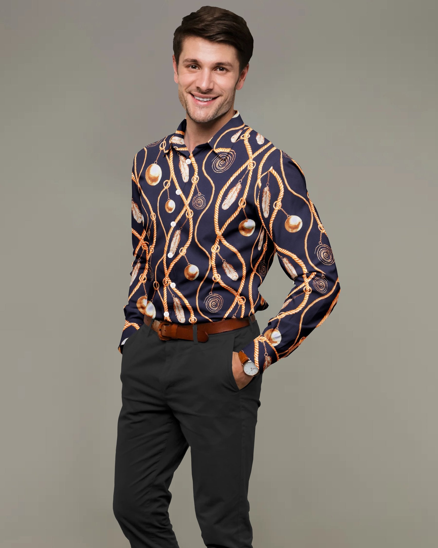 Black with Golden Rope, Feather and ball Print Premium Cotton Shirt