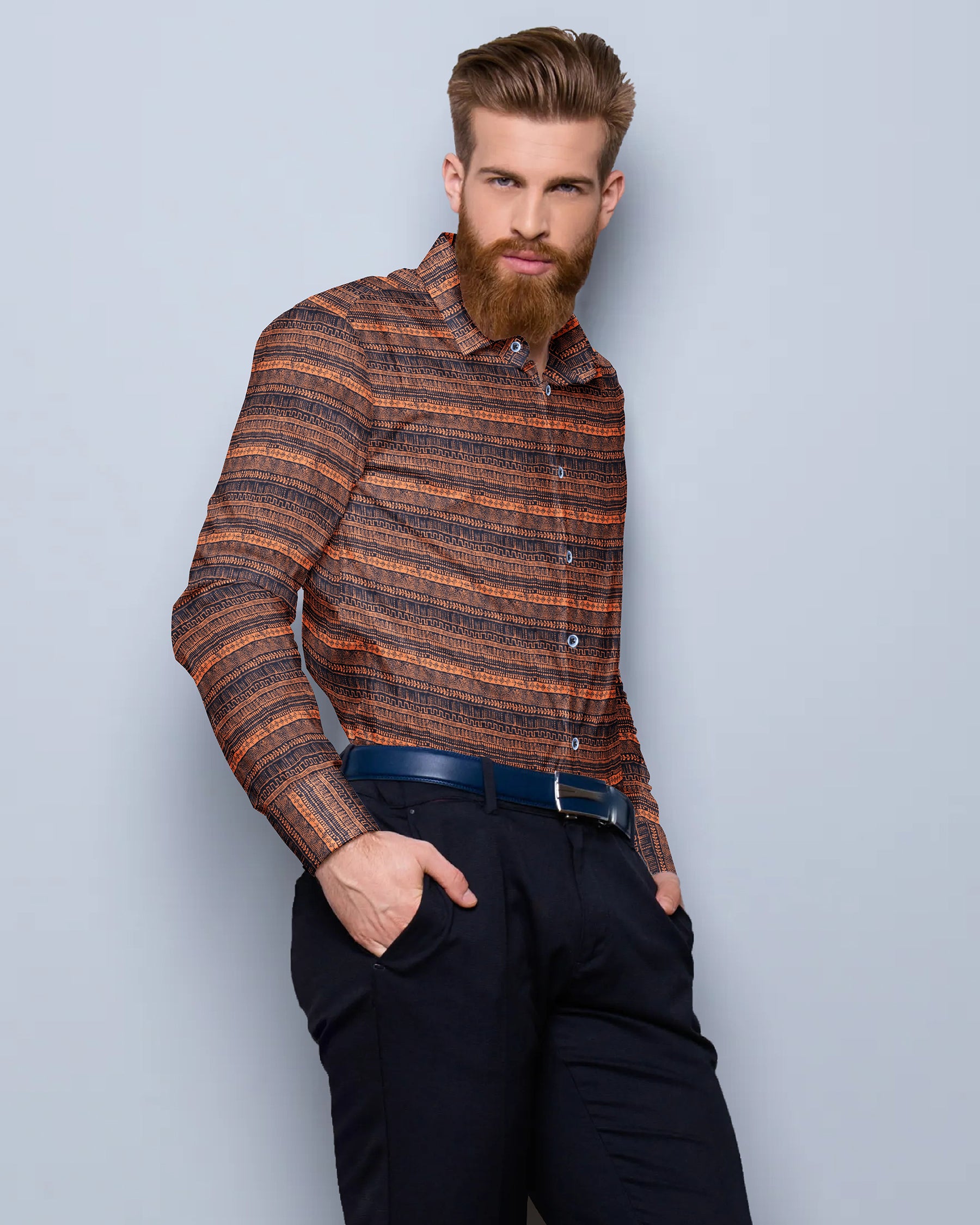 Orange with Navy Ancient wall art Print Brushed Premium Cotton SHIRT