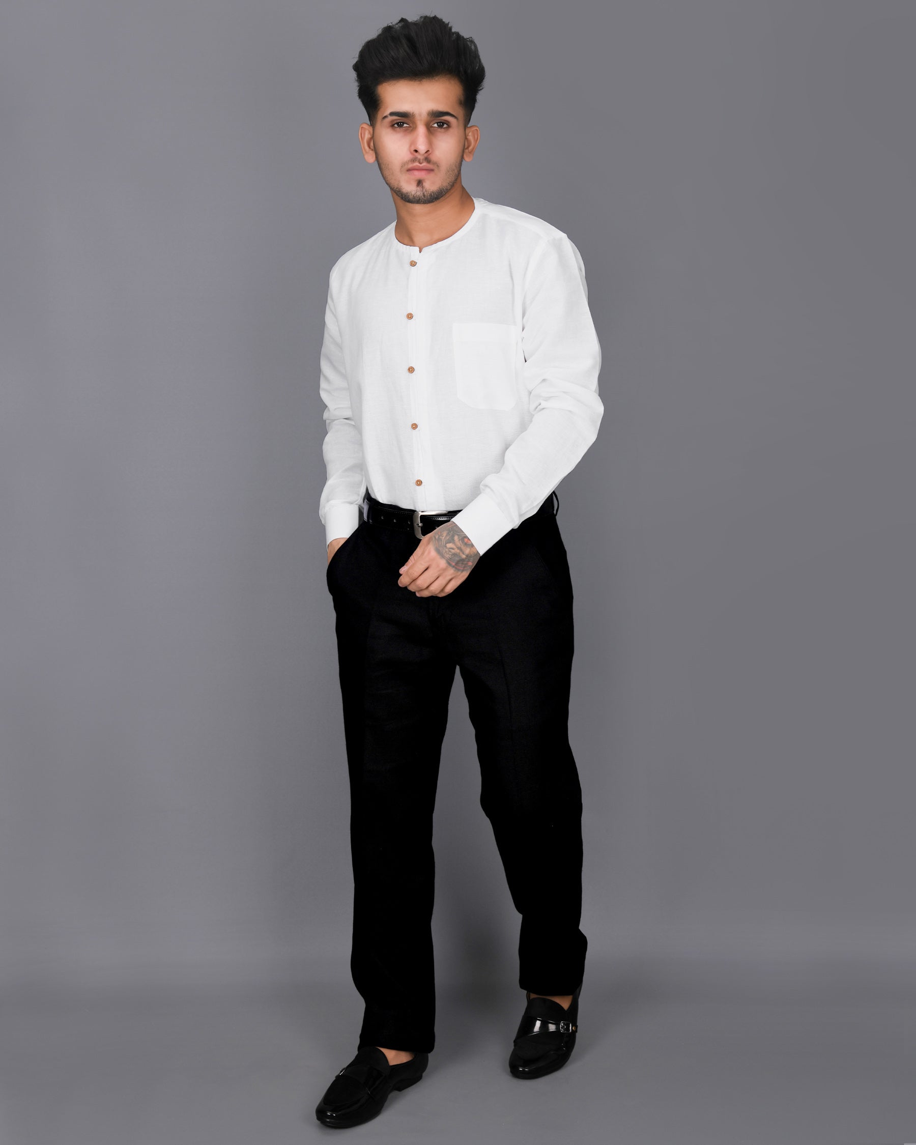 Bright White Collarless Luxurious Linen Shirt