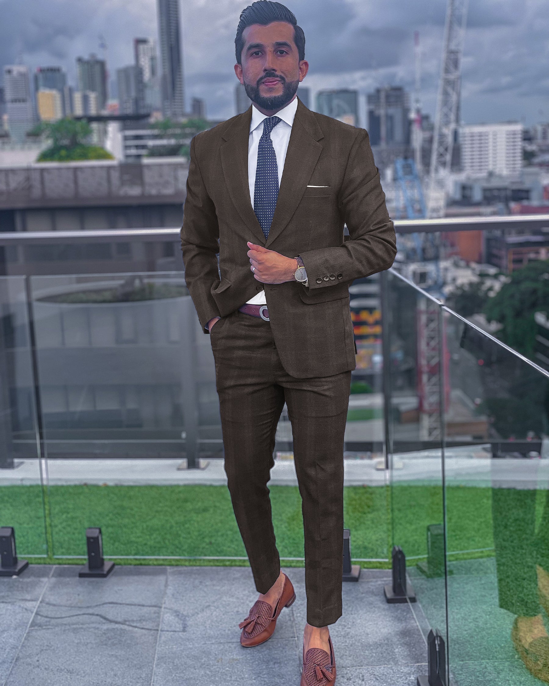 Chocolate Brown subtle windowpane Dobby Wool Double Breasted Tweed Suit