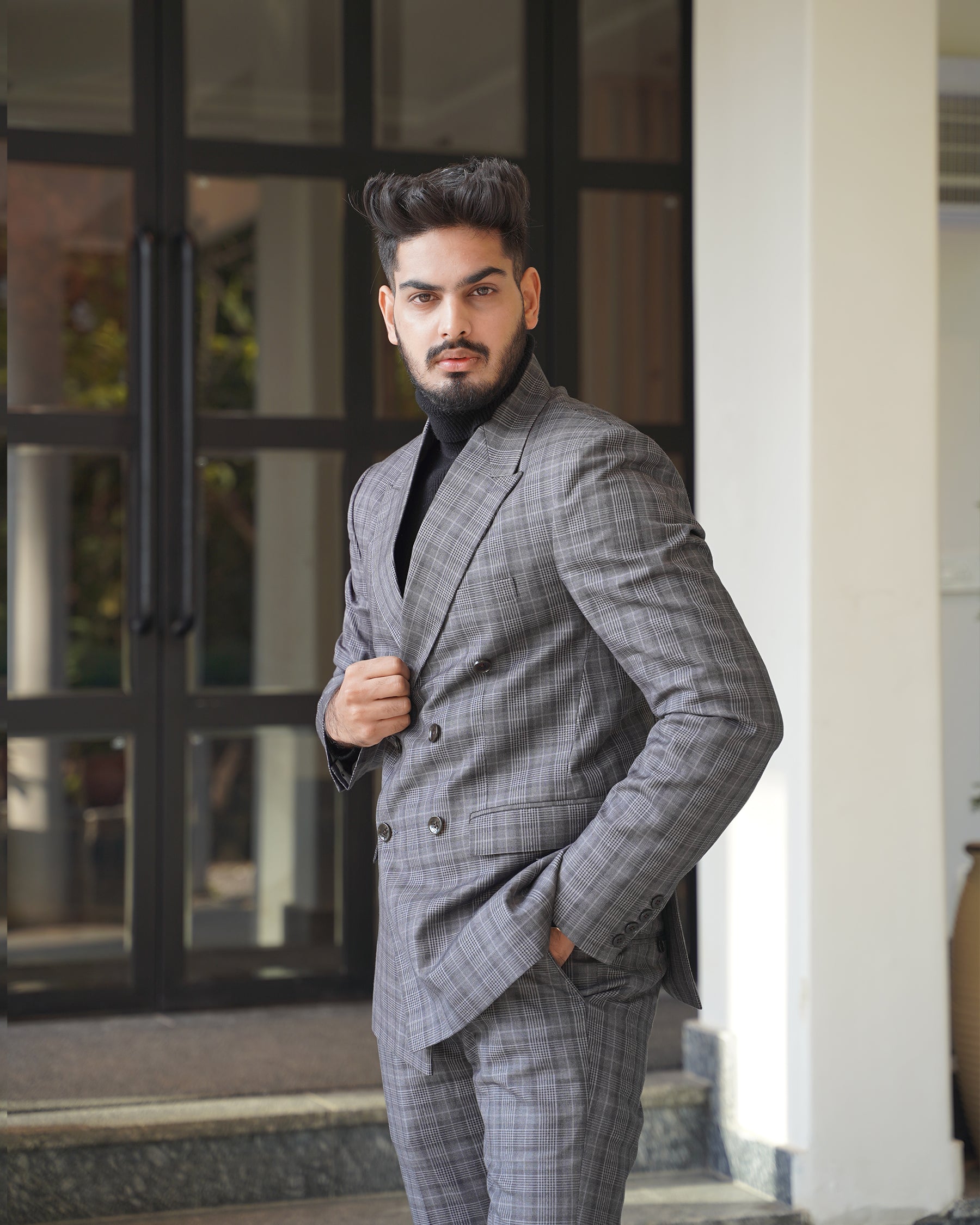 Fossil Grey Plaid Double Breasted Suit