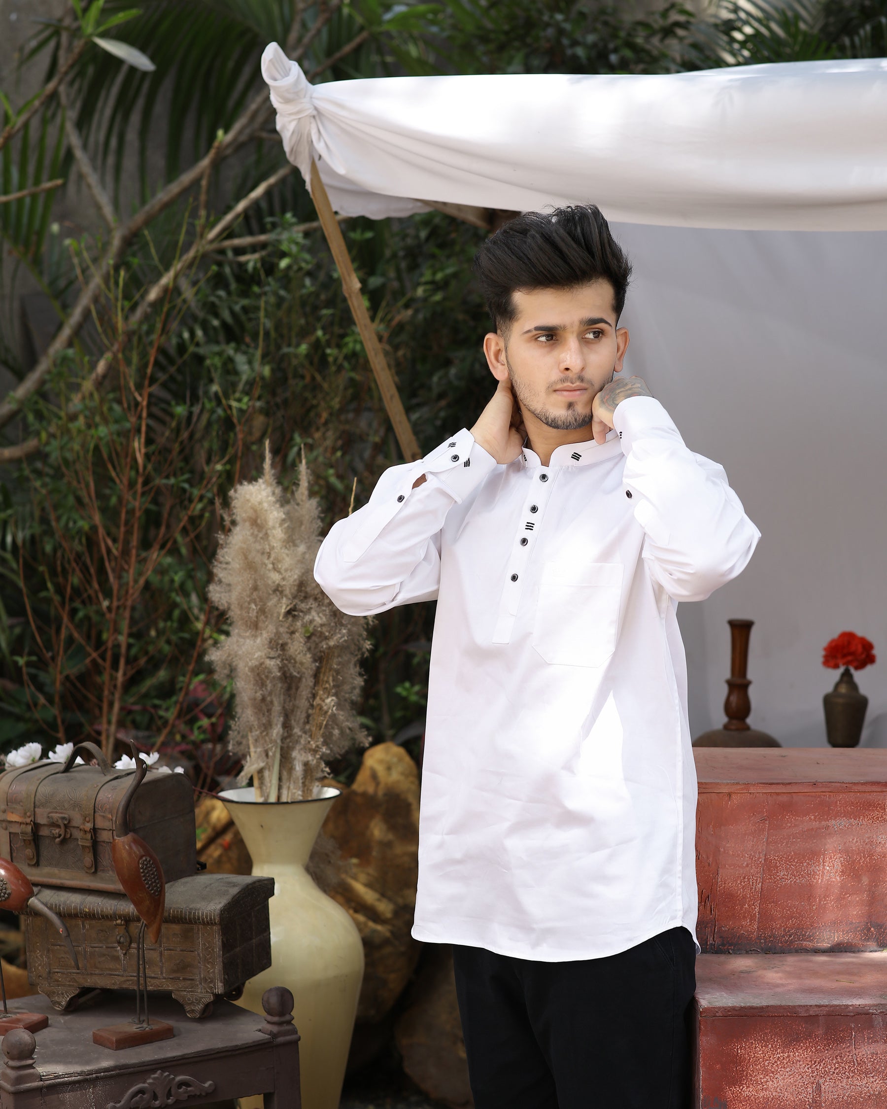 Bright White Subtle Sheen Designer Super Soft Kurta Style Giza Cotton Shirt