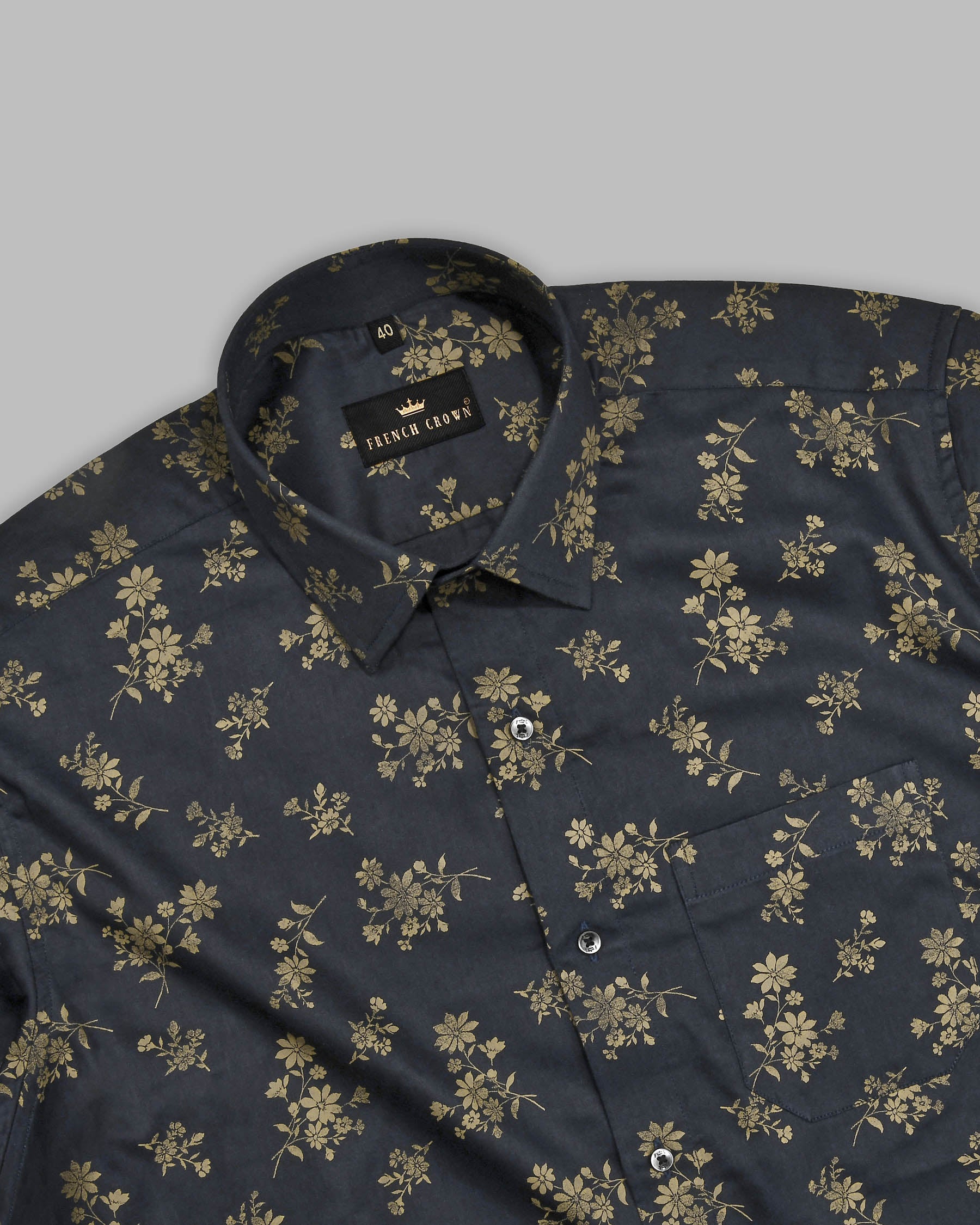 Navy Flowers Printed Premium Satin Shirt