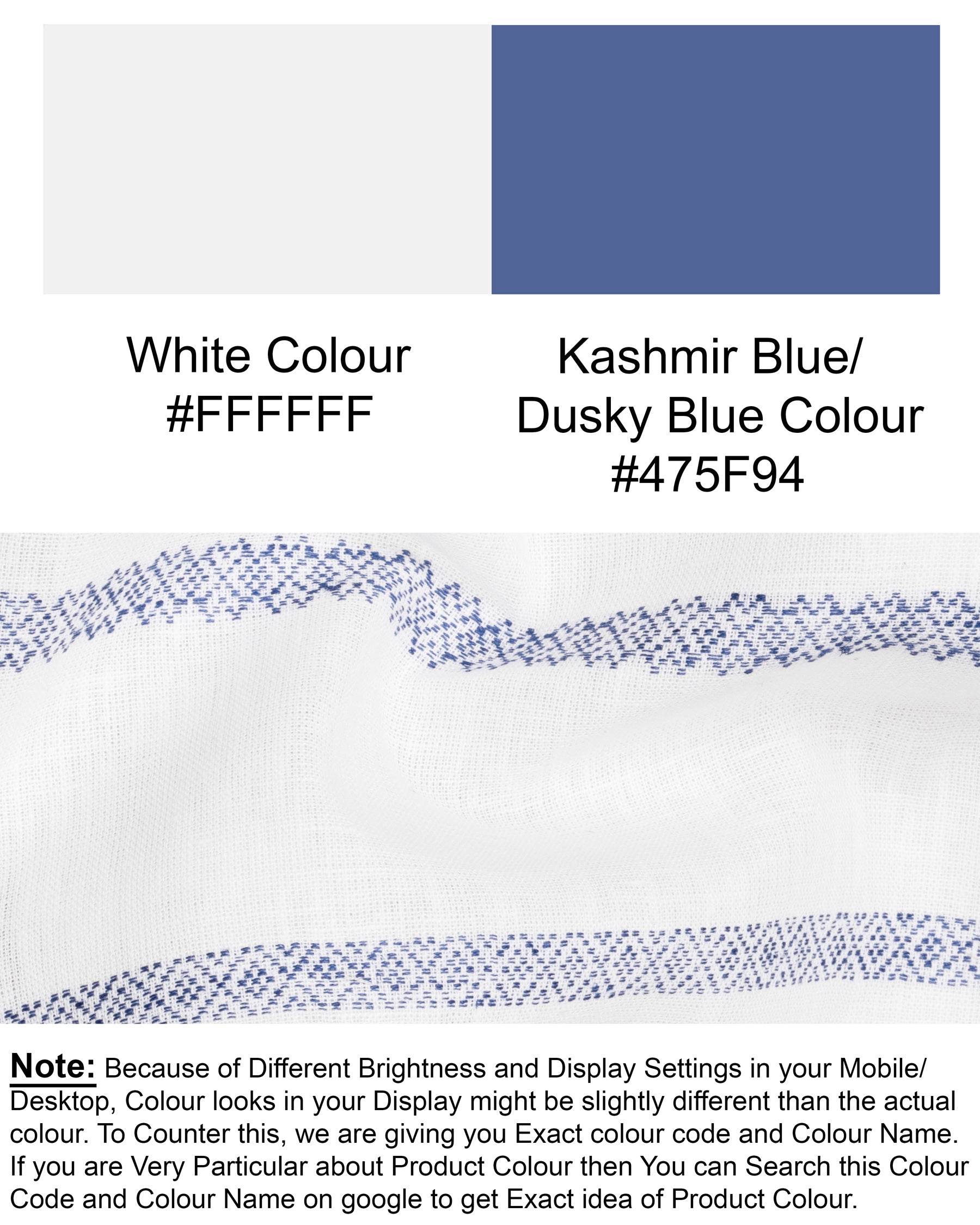 Bright White with Kasmir Blue Decorated Striped Luxurious Linen Shirt