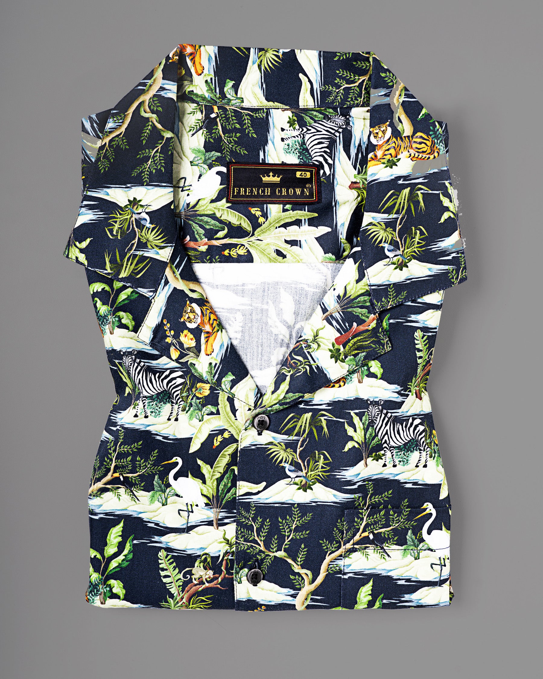 Navy Jungle Art Print Premium Cotton Shirt 4929-CC-BLK-H-39, 4929-CC-BLK-H-40, 4929-CC-BLK-H-42, 4929-CC-BLK-H-46, 4929-CC-BLK-H-50, 4929-CC-BLK-H-52, 4929-CC-BLK-H-38, 4929-CC-BLK-H-44, 4929-CC-BLK-H-48