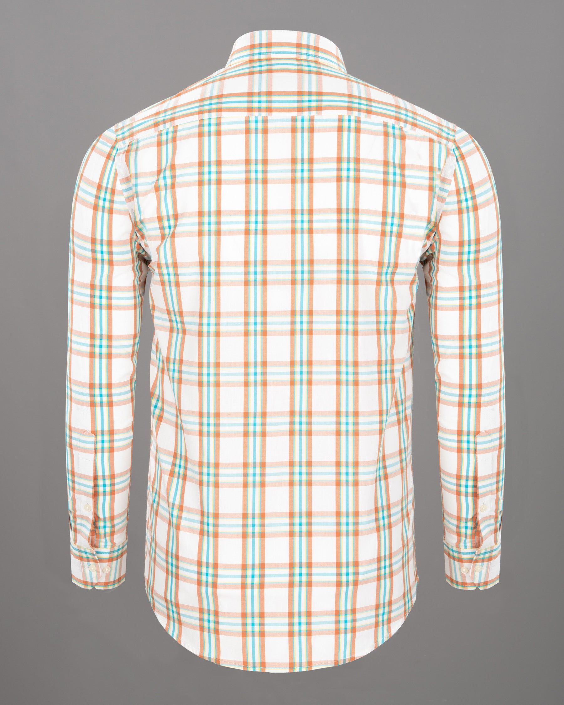 Off White with Apricot Orange and Mizuasagi Blue Plaid Premium Cotton Shirt