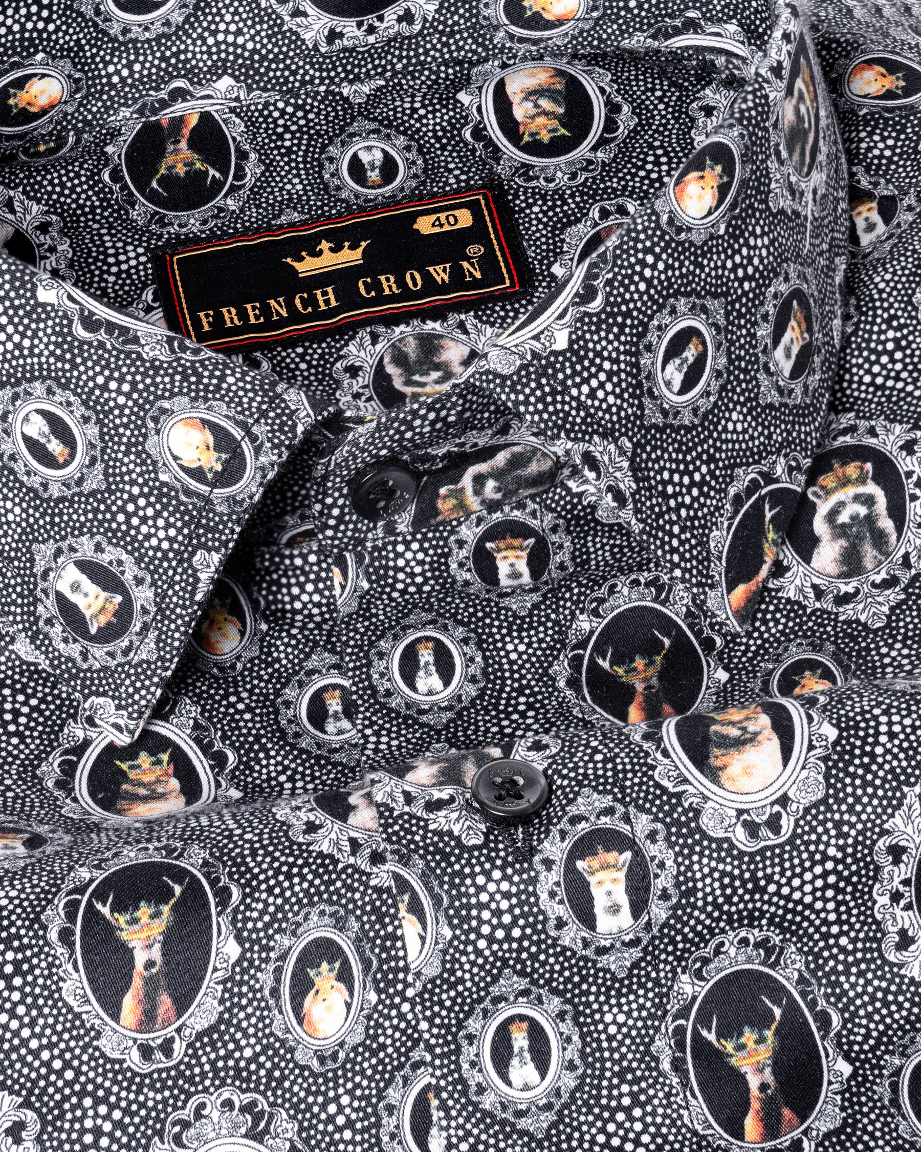 Jade Black Crowned Animals Printed Premium Cotton Shirt 5408-BLK-38, 5408-BLK-H-38, 5408-BLK-39, 5408-BLK-H-39, 5408-BLK-40, 5408-BLK-H-40, 5408-BLK-42, 5408-BLK-H-42, 5408-BLK-44, 5408-BLK-H-44, 5408-BLK-46, 5408-BLK-H-46, 5408-BLK-48, 5408-BLK-H-48, 5408-BLK-50, 5408-BLK-H-50, 5408-BLK-52, 5408-BLK-H-52