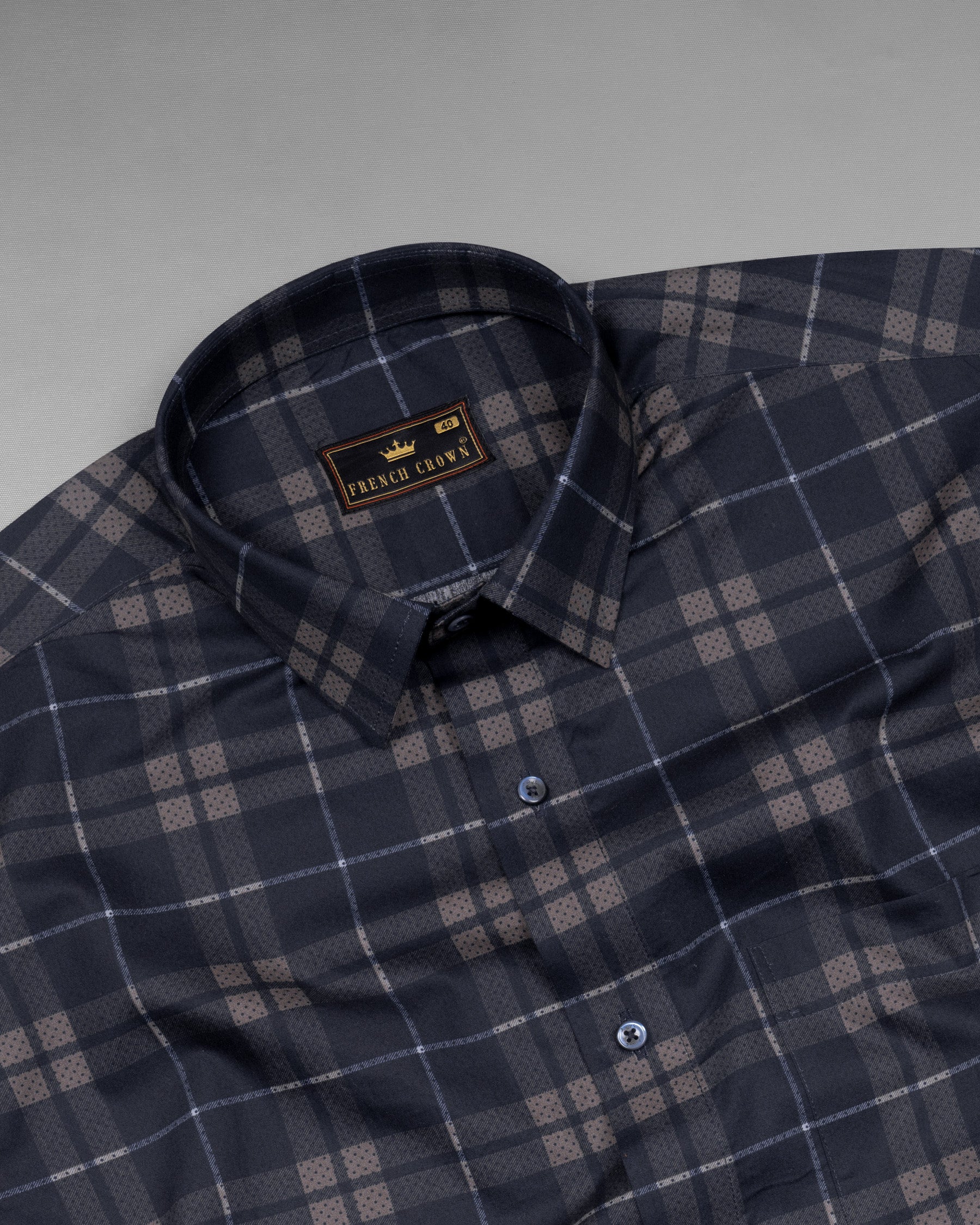 Charade Grey Plaid Premium Satin Shirt 5556-BLE-38, 5556-BLE-H-38, 5556-BLE-39, 5556-BLE-H-39, 5556-BLE-40, 5556-BLE-H-40, 5556-BLE-42, 5556-BLE-H-42, 5556-BLE-44, 5556-BLE-H-44, 5556-BLE-46, 5556-BLE-H-46, 5556-BLE-48, 5556-BLE-H-48, 5556-BLE-50, 5556-BLE-H-50, 5556-BLE-52, 5556-BLE-H-52