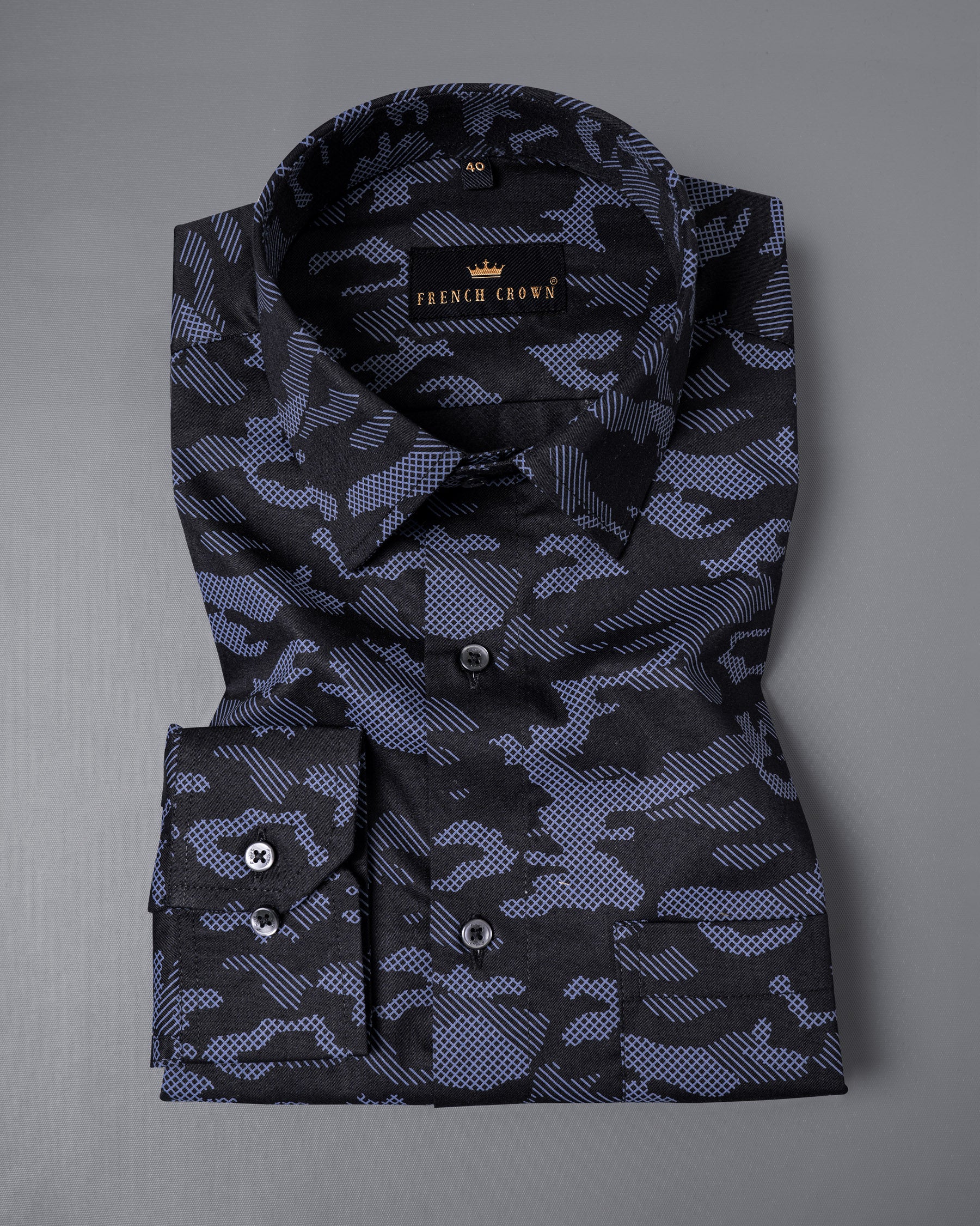 Cinder Black with Waikawa Blue Camo Printed Premium Satin Shirt 5570-BLK-38, 5570-BLK-H-38, 5570-BLK-39, 5570-BLK-H-39, 5570-BLK-40, 5570-BLK-H-40, 5570-BLK-42, 5570-BLK-H-42, 5570-BLK-44, 5570-BLK-H-44, 5570-BLK-46, 5570-BLK-H-46, 5570-BLK-48, 5570-BLK-H-48, 5570-BLK-50, 5570-BLK-H-50, 5570-BLK-52, 5570-BLK-H-52