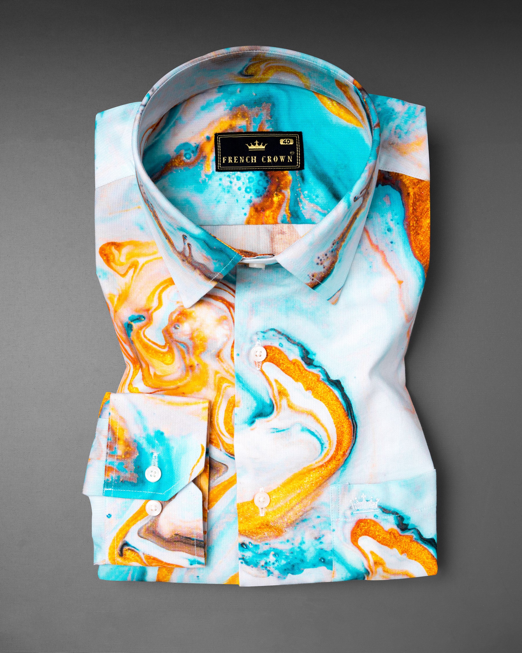 Aqua with fire orange fluid printed Dobby Textured Premium Giza Cotton Shirt 5602-38, 5602-H-38, 5602-39, 5602-H-39, 5602-40, 5602-H-40, 5602-42, 5602-H-42, 5602-44, 5602-H-44, 5602-46, 5602-H-46, 5602-48, 5602-H-48, 5602-50, 5602-H-50, 5602-52, 5602-H-52