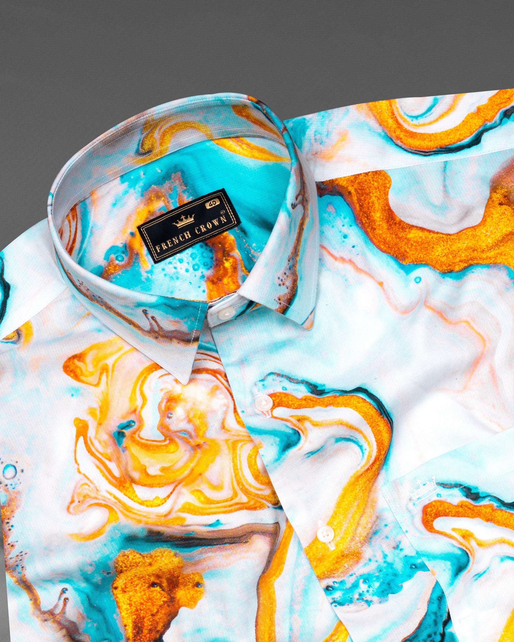 Aqua with fire orange fluid printed Dobby Textured Premium Giza Cotton Shirt 5602-38, 5602-H-38, 5602-39, 5602-H-39, 5602-40, 5602-H-40, 5602-42, 5602-H-42, 5602-44, 5602-H-44, 5602-46, 5602-H-46, 5602-48, 5602-H-48, 5602-50, 5602-H-50, 5602-52, 5602-H-52