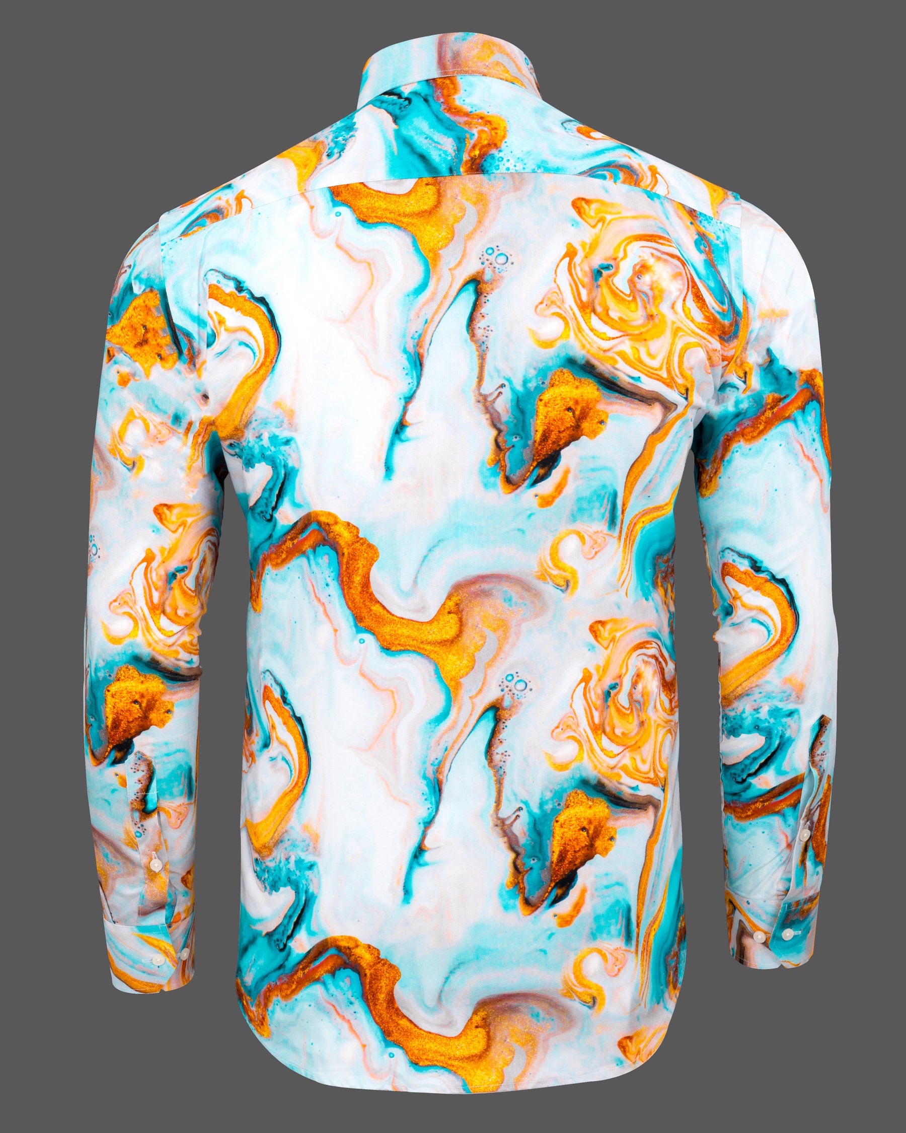 Aqua with fire orange fluid printed Dobby Textured Premium Giza Cotton Shirt 5602-38, 5602-H-38, 5602-39, 5602-H-39, 5602-40, 5602-H-40, 5602-42, 5602-H-42, 5602-44, 5602-H-44, 5602-46, 5602-H-46, 5602-48, 5602-H-48, 5602-50, 5602-H-50, 5602-52, 5602-H-52