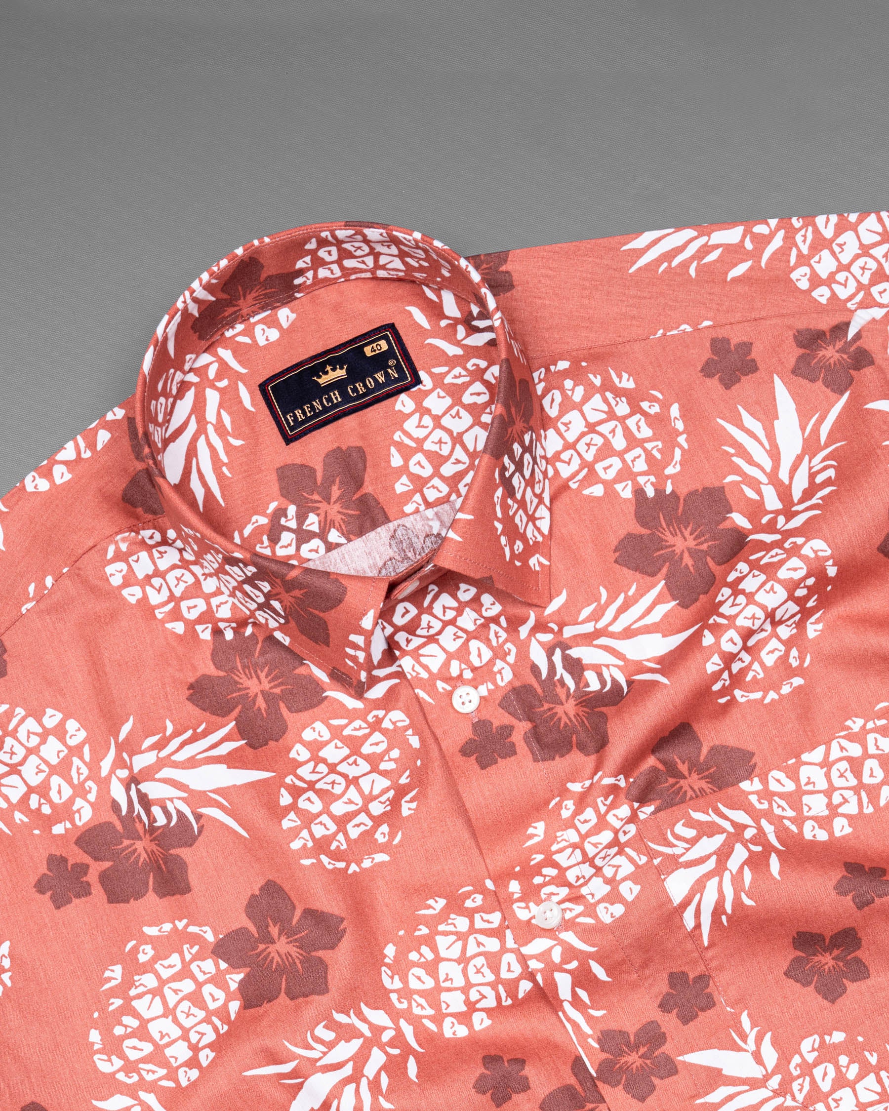 Salmon Floral and Pineapple Printed Premium Cotton Shirt 5846-38, 5846-H-38, 5846-39, 5846-H-39, 5846-40, 5846-H-40, 5846-42, 5846-H-42, 5846-44, 5846-H-44, 5846-46, 5846-H-46, 5846-48, 5846-H-48, 5846-50, 5846-H-50, 5846-52, 5846-H-52