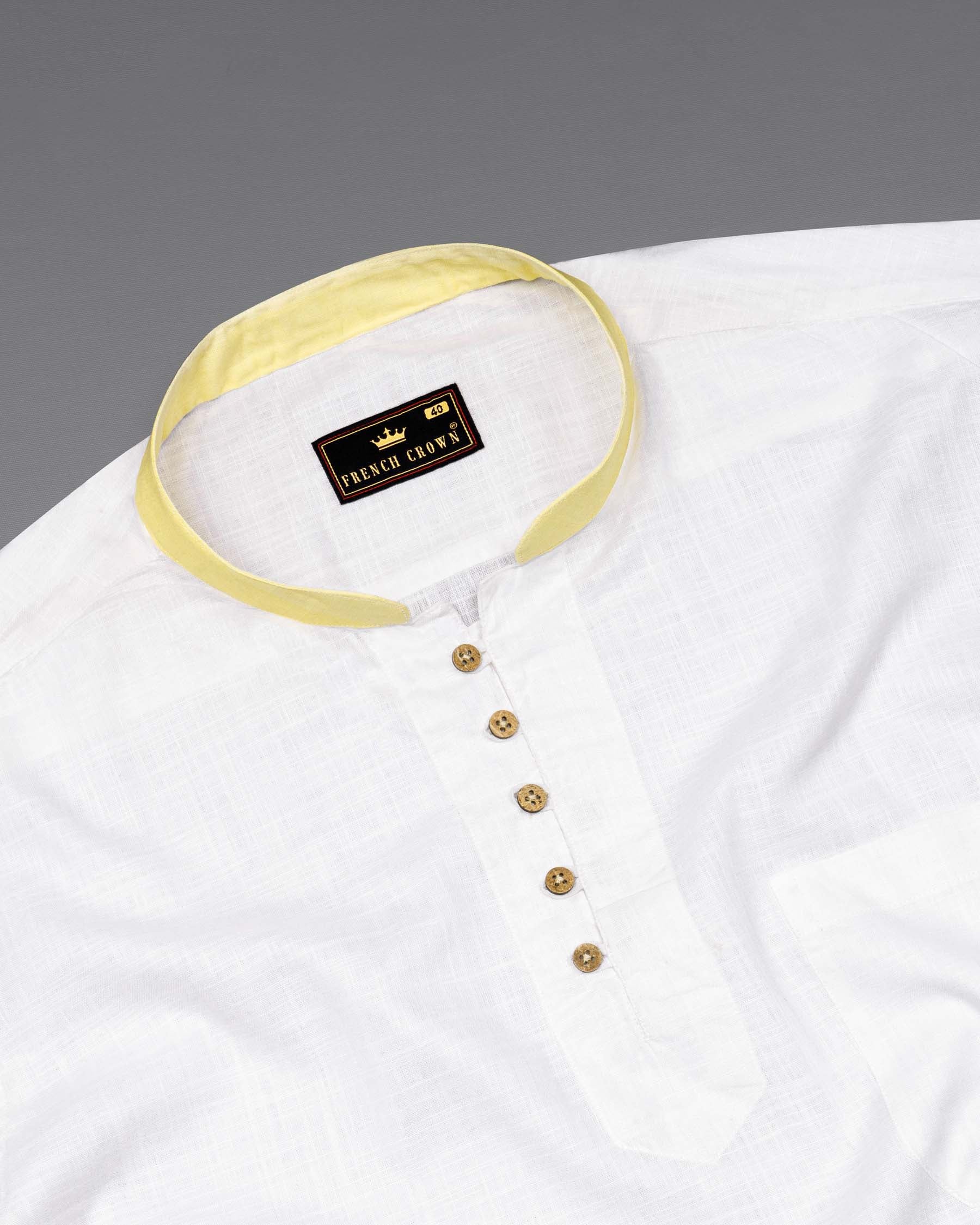 Bright White with yellow cuff collar Luxurious Linen Kurta Shirt 6042-KS-38, 6042-KS-H-38, 6042-KS-39, 6042-KS-H-39, 6042-KS-40, 6042-KS-H-40, 6042-KS-42, 6042-KS-H-42, 6042-KS-44, 6042-KS-H-44, 6042-KS-46, 6042-KS-H-46, 6042-KS-48, 6042-KS-H-48, 6042-KS-50, 6042-KS-H-50, 6042-KS-52, 6042-KS-H-52