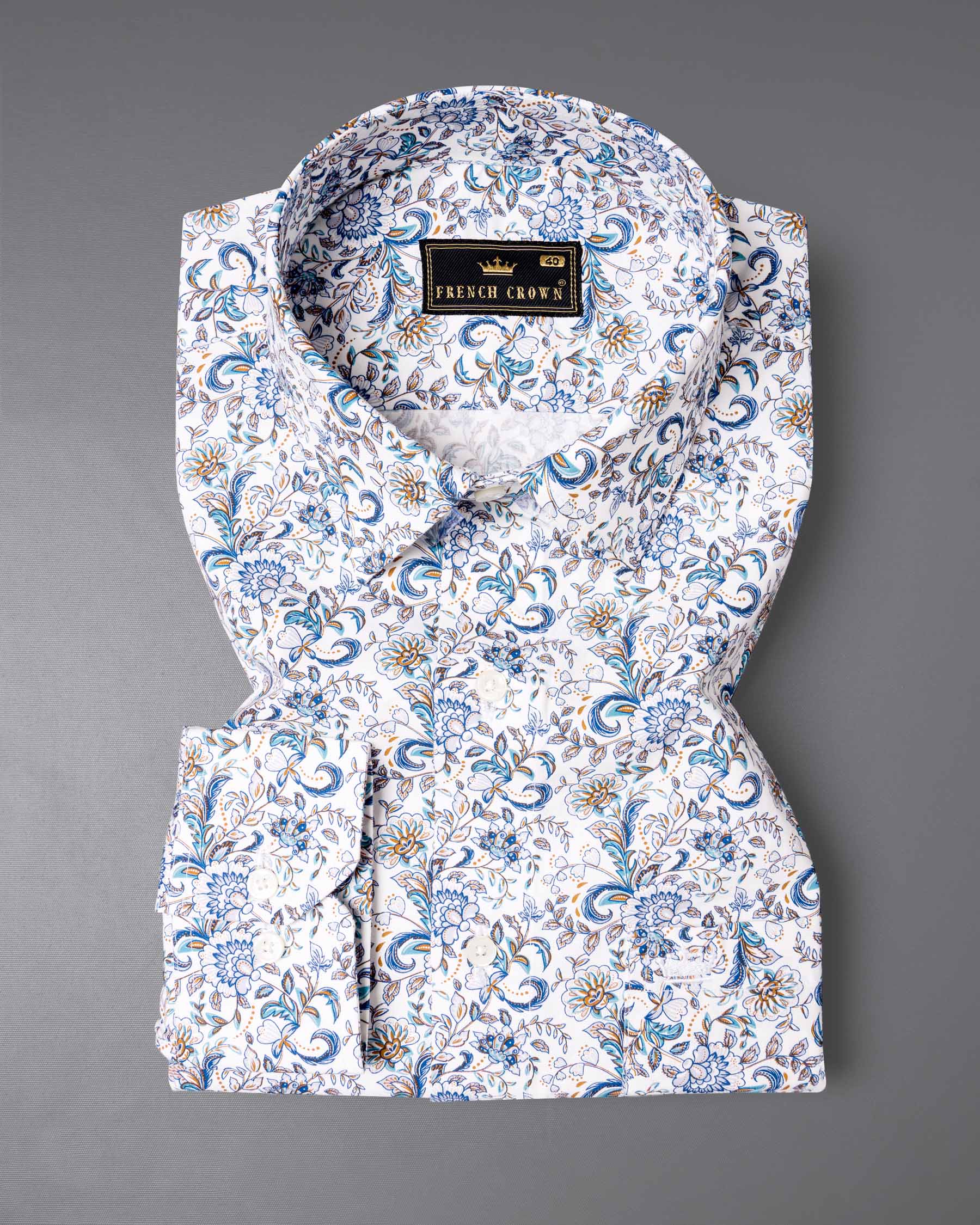 Bright White Floral Print Premium Cotton Shirt 6166-38, 6166-H-38, 6166-39, 6166-H-39, 6166-40, 6166-H-40, 6166-42, 6166-H-42, 6166-44, 6166-H-44, 6166-46, 6166-H-46, 6166-48, 6166-H-48, 6166-50, 6166-H-50, 6166-52, 6166-H-52