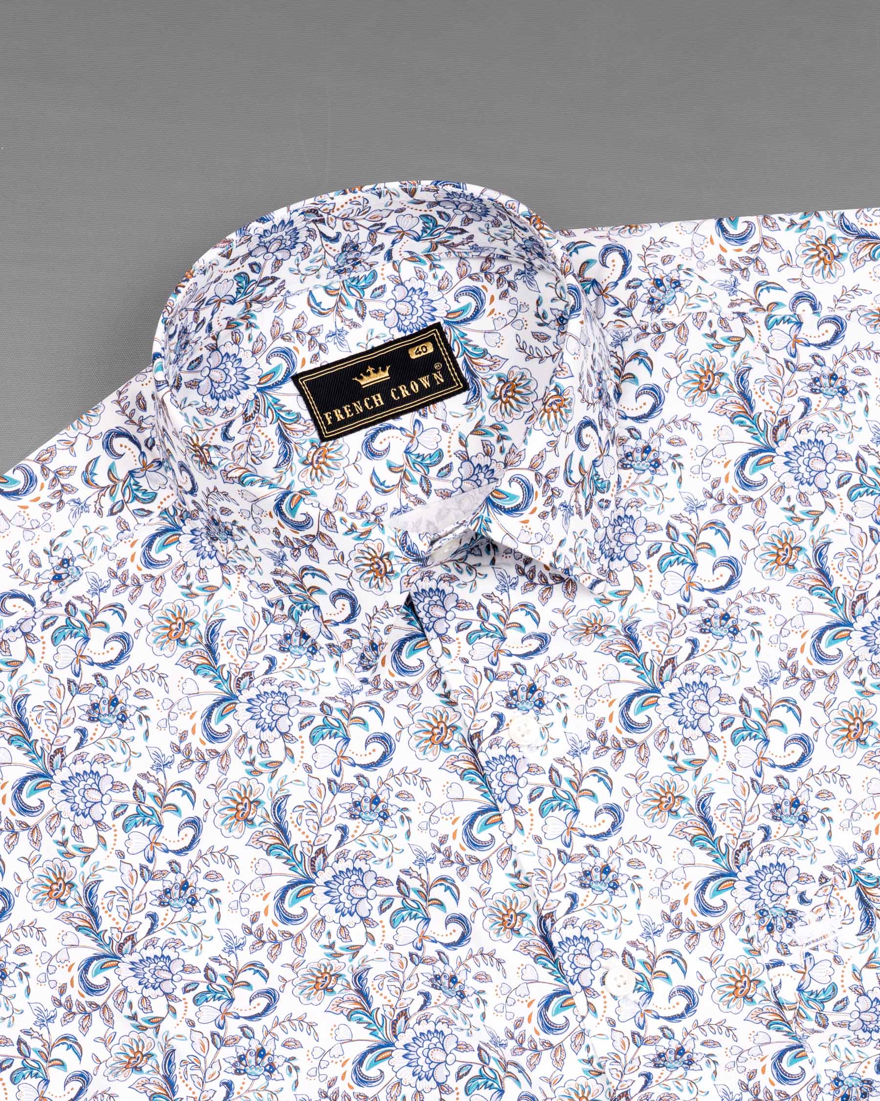 Bright White Floral Print Premium Cotton Shirt 6166-38, 6166-H-38, 6166-39, 6166-H-39, 6166-40, 6166-H-40, 6166-42, 6166-H-42, 6166-44, 6166-H-44, 6166-46, 6166-H-46, 6166-48, 6166-H-48, 6166-50, 6166-H-50, 6166-52, 6166-H-52