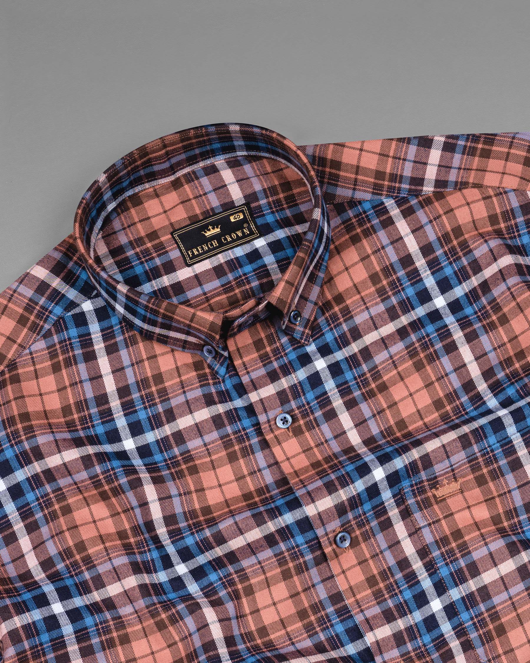 Brown with Danube Blue Twill Plaid Premium Cotton Shirt