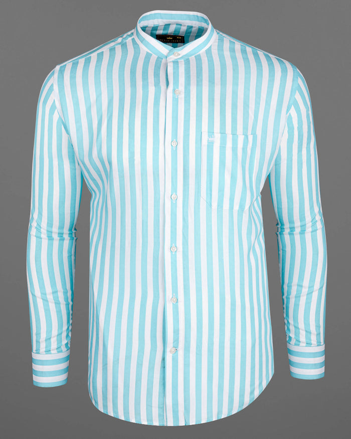 AQUA BLUE AND WHITE STRIPED TENCEL SHIRT
