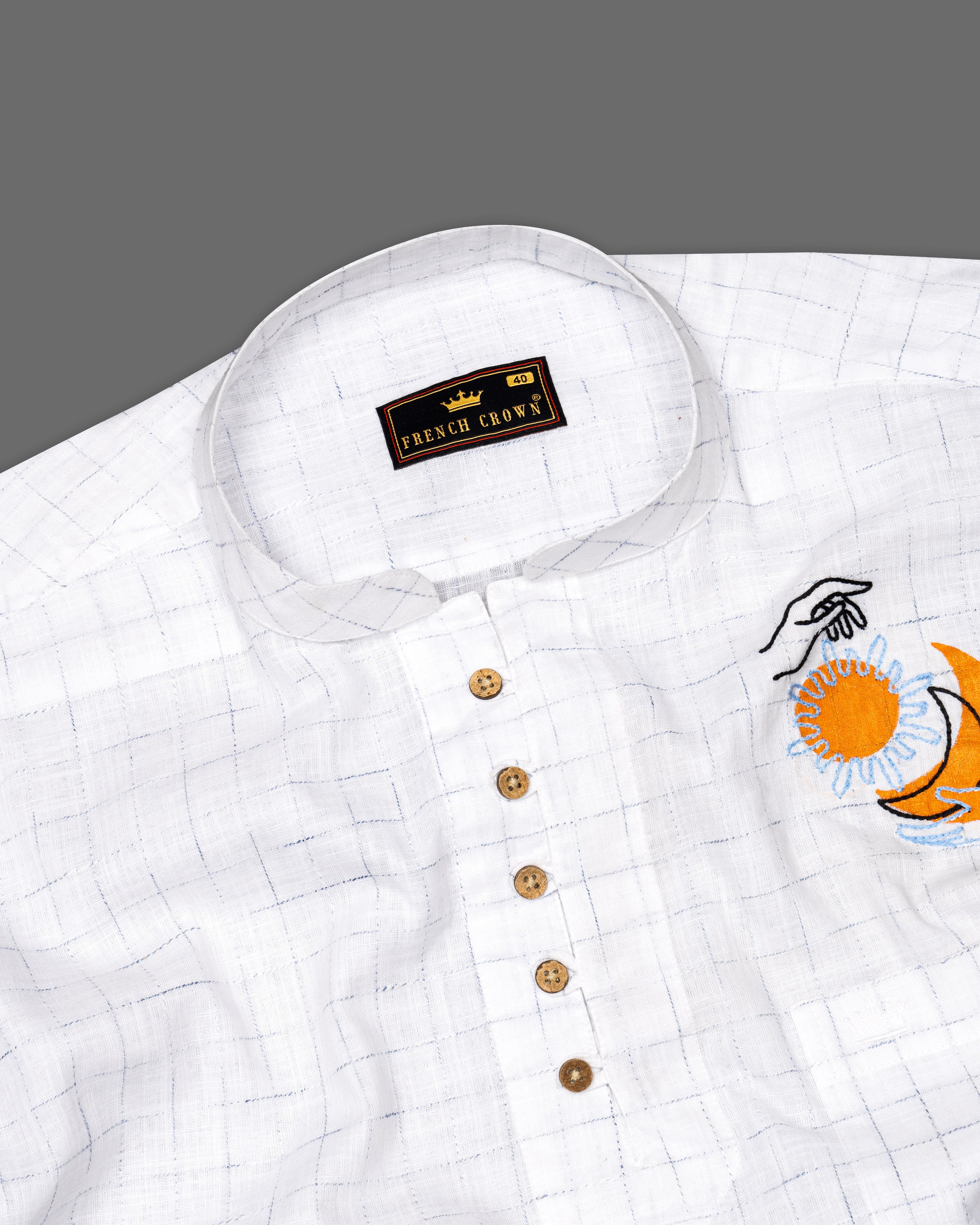 Bright White Checkered with Embroidered Work Luxurious Linen Kurta Shirt