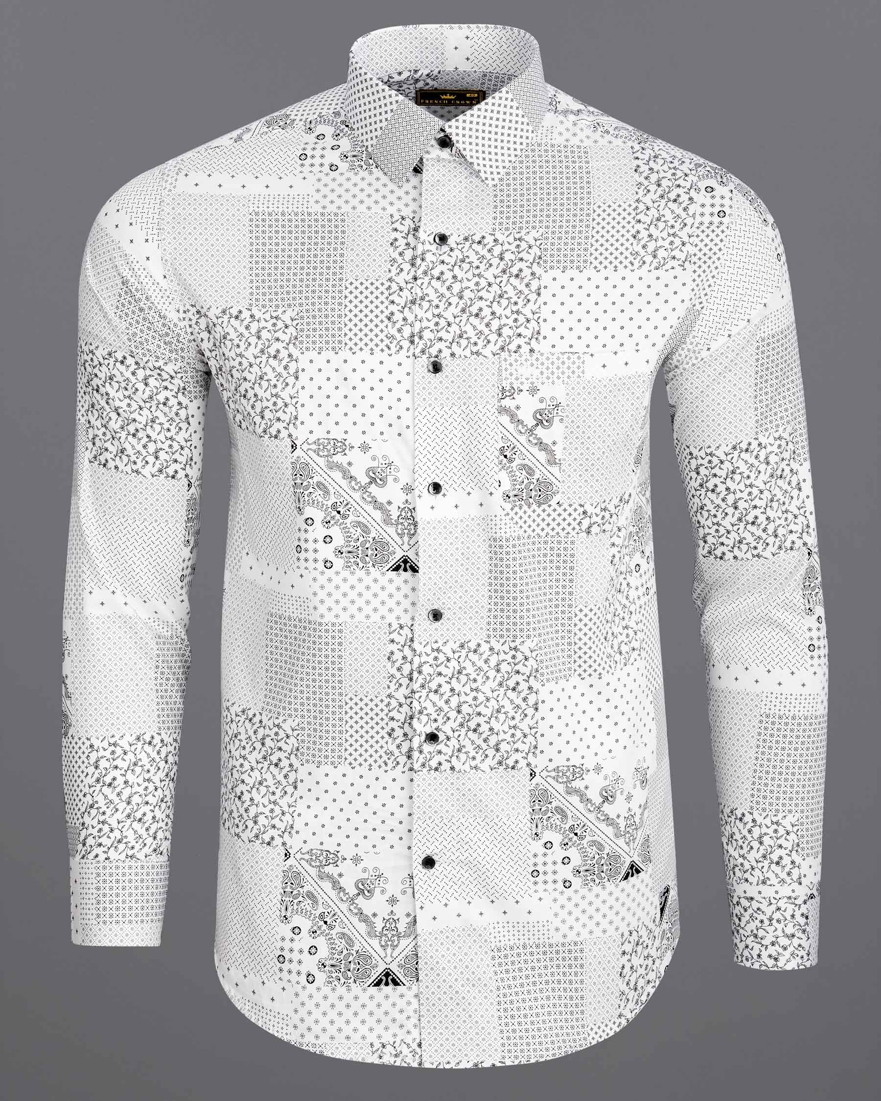 Bright White Square Shaped Paisleys and Flowers Printed Super Soft Premium Cotton Shirt