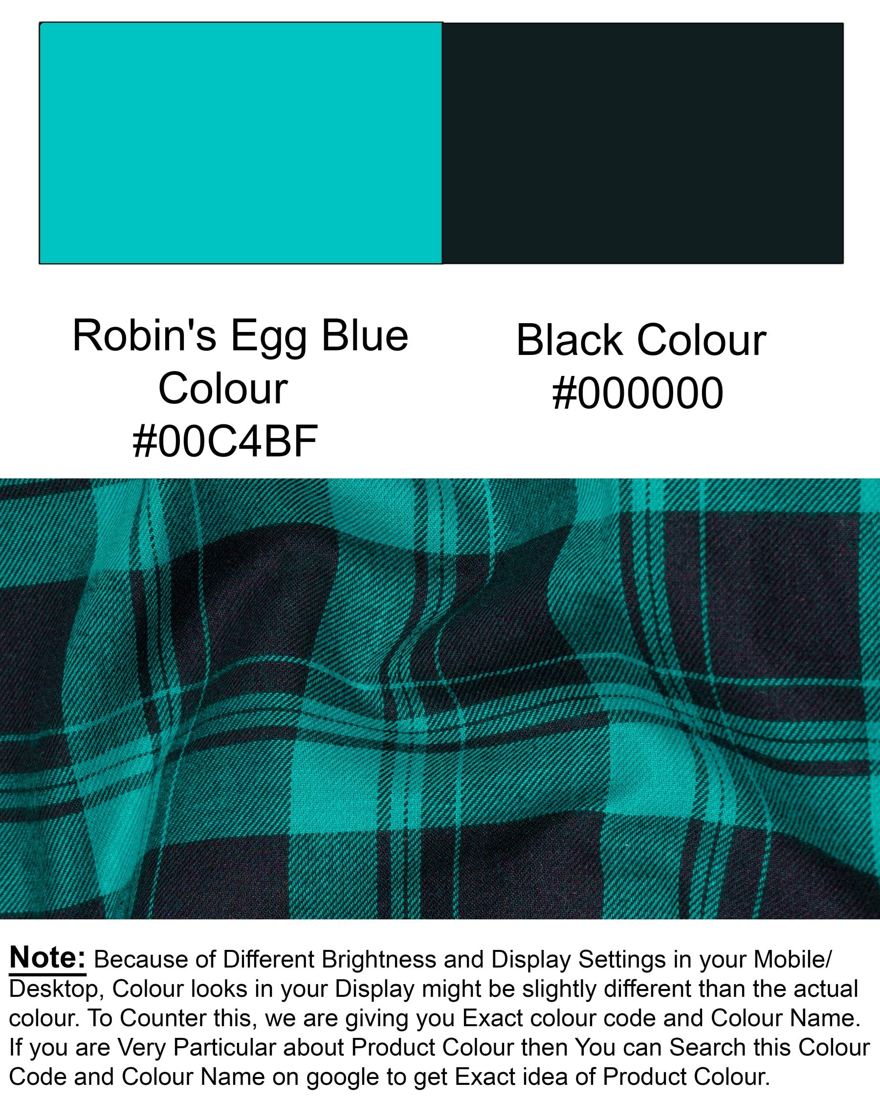 Robin Egg Blue With Jade Black Twill Checkered Premium Cotton Kurta Shirt