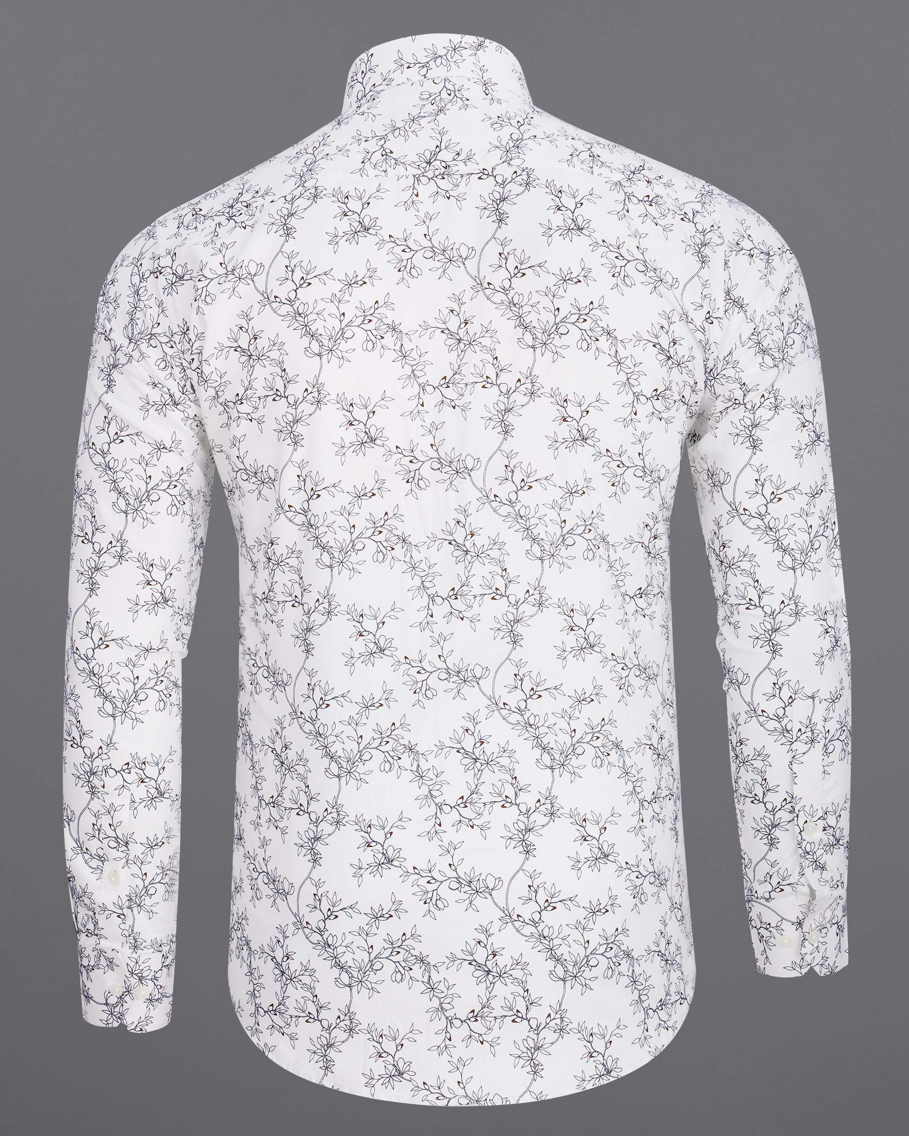 Bright White Floral Printed Dobby Textured Premium Cotton Shirt