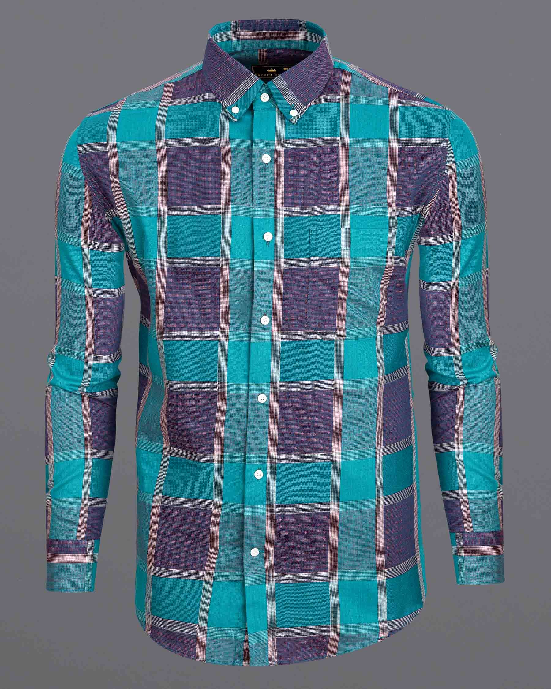 Eastern Blue and Rhino Blue Checkered Print Dobby Textured Premium Giza Cotton Shirt