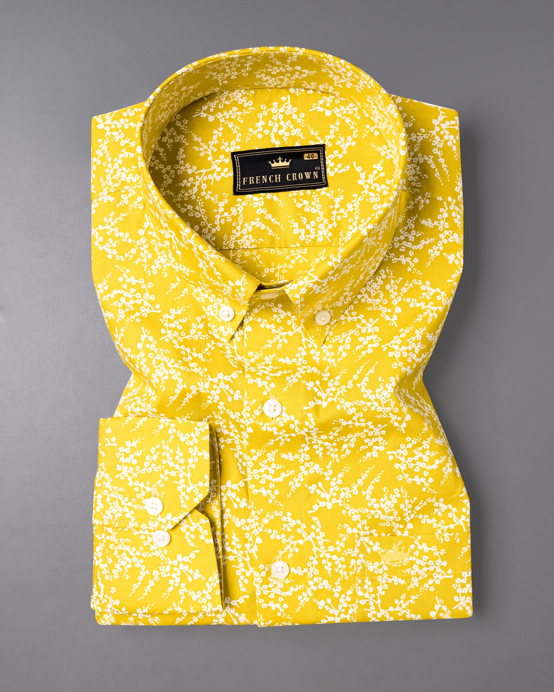 School Bus Yellow and White Flower Vine Printed Super Soft Premium Cotton Shirt