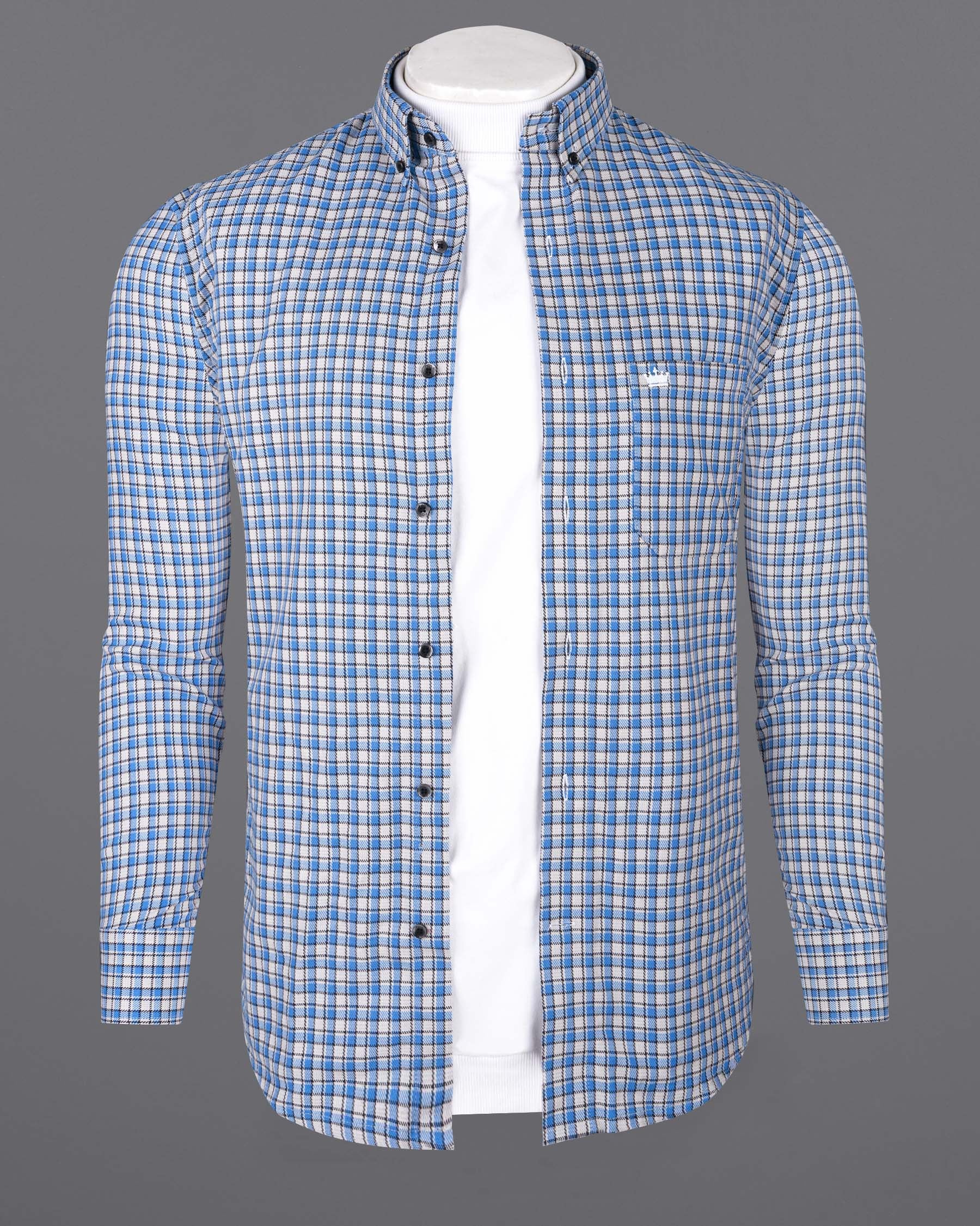 White and Danube Blue Checkered Heavyweight Premium Cotton Overshirt/Shacket