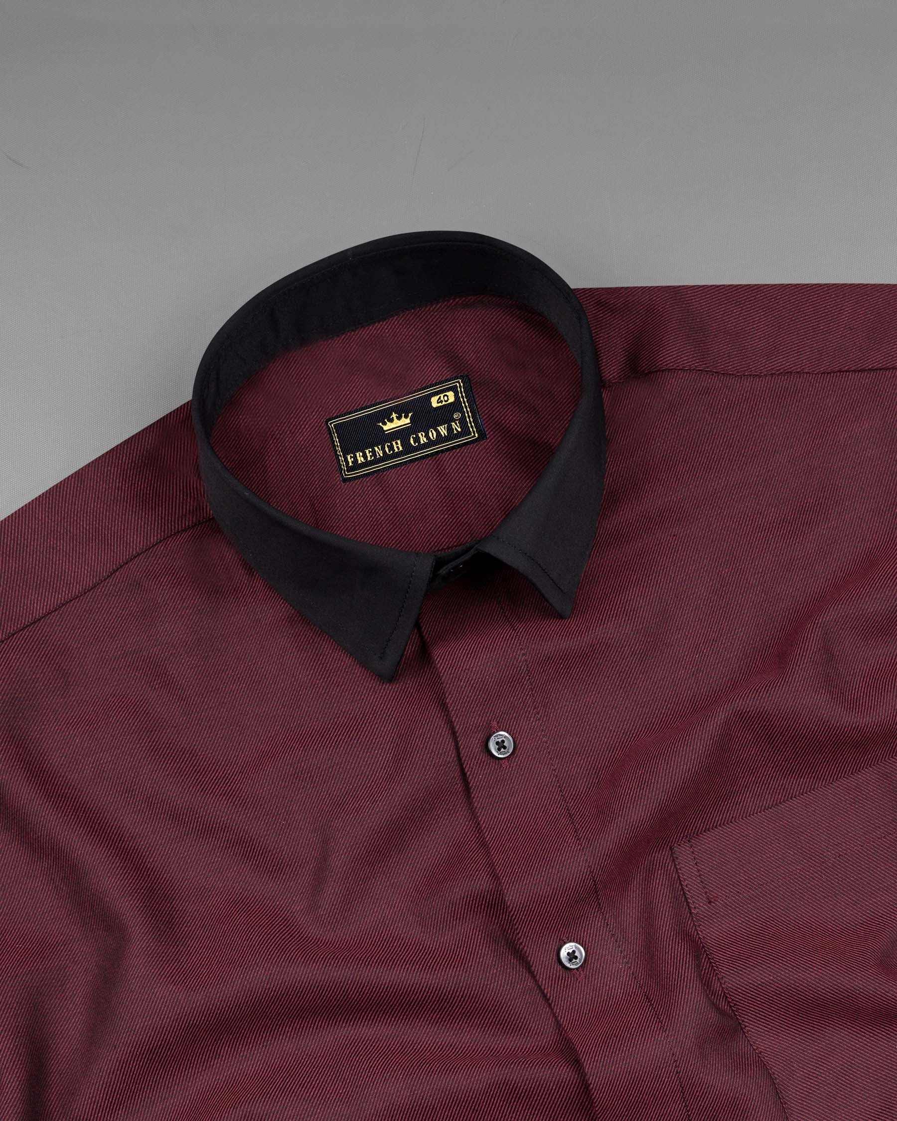 Wine Red With Black Collar and Cuffs Twill Premium Cotton Shirt