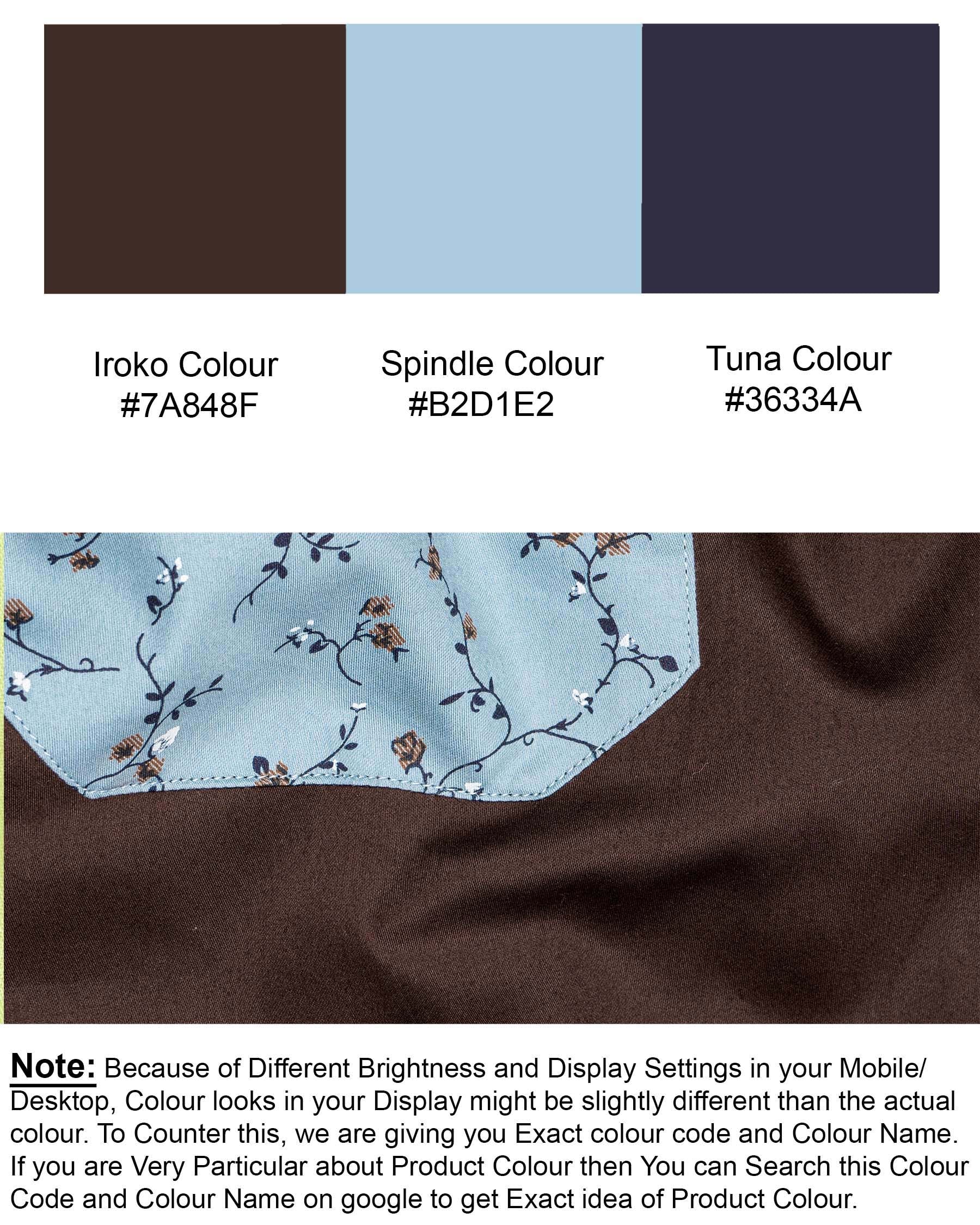 Iroko Brown with Spindle Blue Floral Printed Super Soft Premium Cotton Designer Shirt 6940-P38-38,6940-P38-38,6940-P38-39,6940-P38-39,6940-P38-40,6940-P38-40,6940-P38-42,6940-P38-42,6940-P38-44,6940-P38-44,6940-P38-46,6940-P38-46,6940-P38-48,6940-P38-48,6940-P38-50,6940-P38-50,6940-P38-52,6940-P38-52
