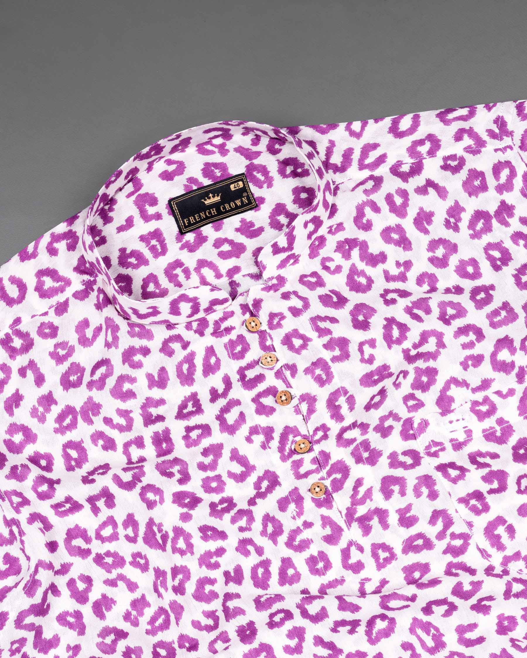 Bright White with Tapestry Pink Cheetah Print Lightweight Premium Tencel Kurta Shirt