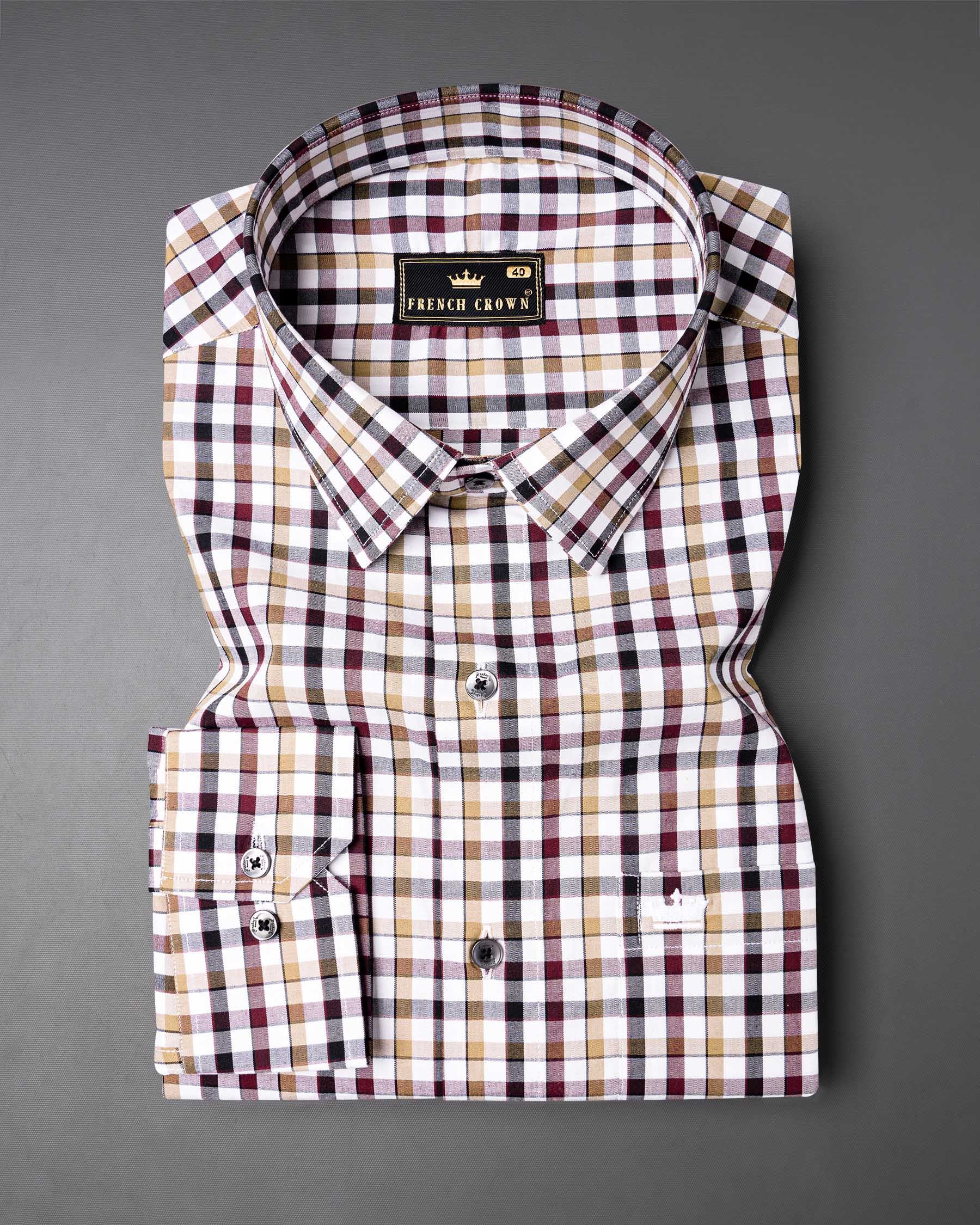 Bright White with Heathered Brown and Black Checkered Premium Cotton Shirt