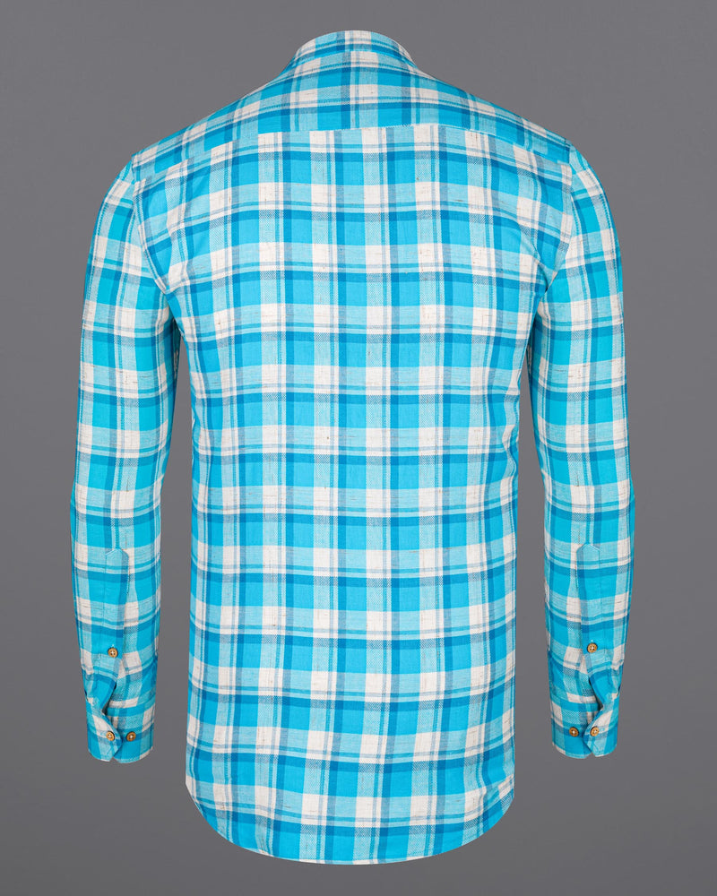 Cerulean Blue and Bright White Plaid Twill Premium Cotton Kurta Shirt
