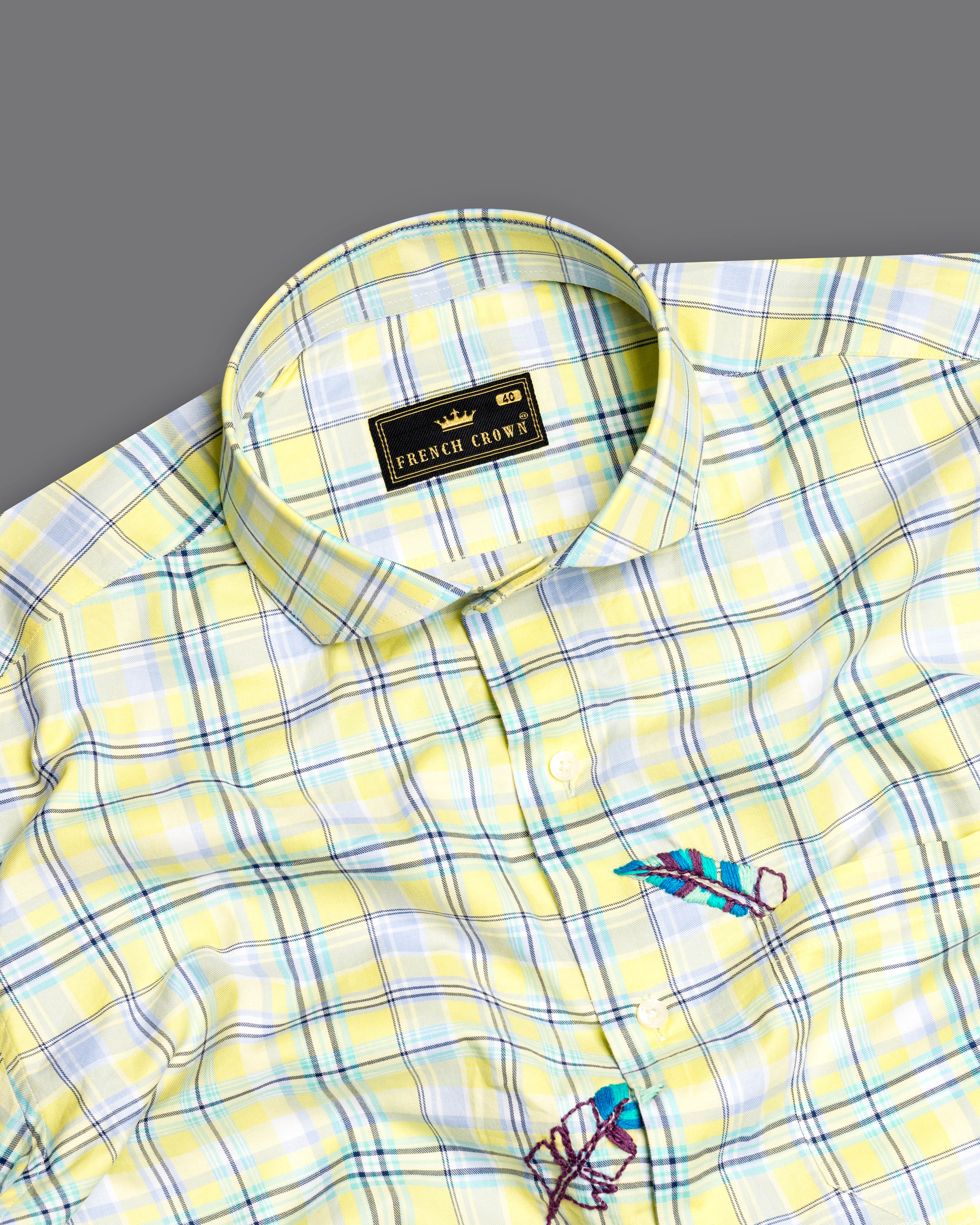 Manilla Yellow Checked with Leaves Embroidered Twill Premium Cotton Designer Shirt 7046-CA-E082-38, 7046-CA-E082-H-38, 7046-CA-E082-39, 7046-CA-E082-H-39, 7046-CA-E082-40, 7046-CA-E082-H-40, 7046-CA-E082-42, 7046-CA-E082-H-42, 7046-CA-E082-44, 7046-CA-E082-H-44, 7046-CA-E082-46, 7046-CA-E082-H-46, 7046-CA-E082-48, 7046-CA-E082-H-48, 7046-CA-E082-50, 7046-CA-E082-H-50, 7046-CA-E082-52, 7046-CA-E082-H-52