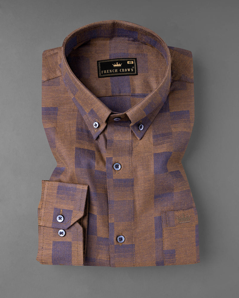 Toast Brown And Gravel Blue Box Textured Twill Premium Cotton Shirt