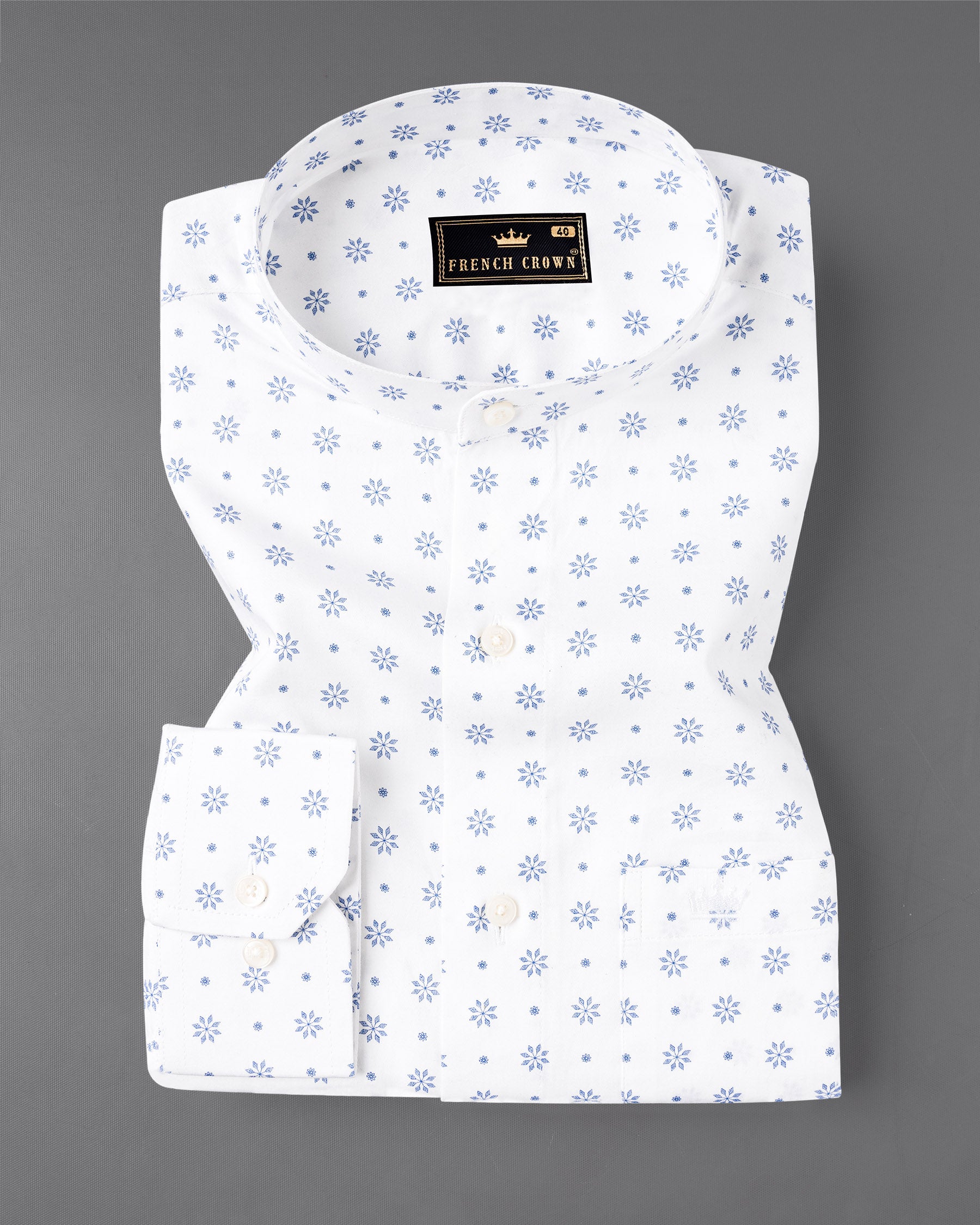 Bright White With Pale Cerulean Blue Floral Printed Premium Satin Shirt