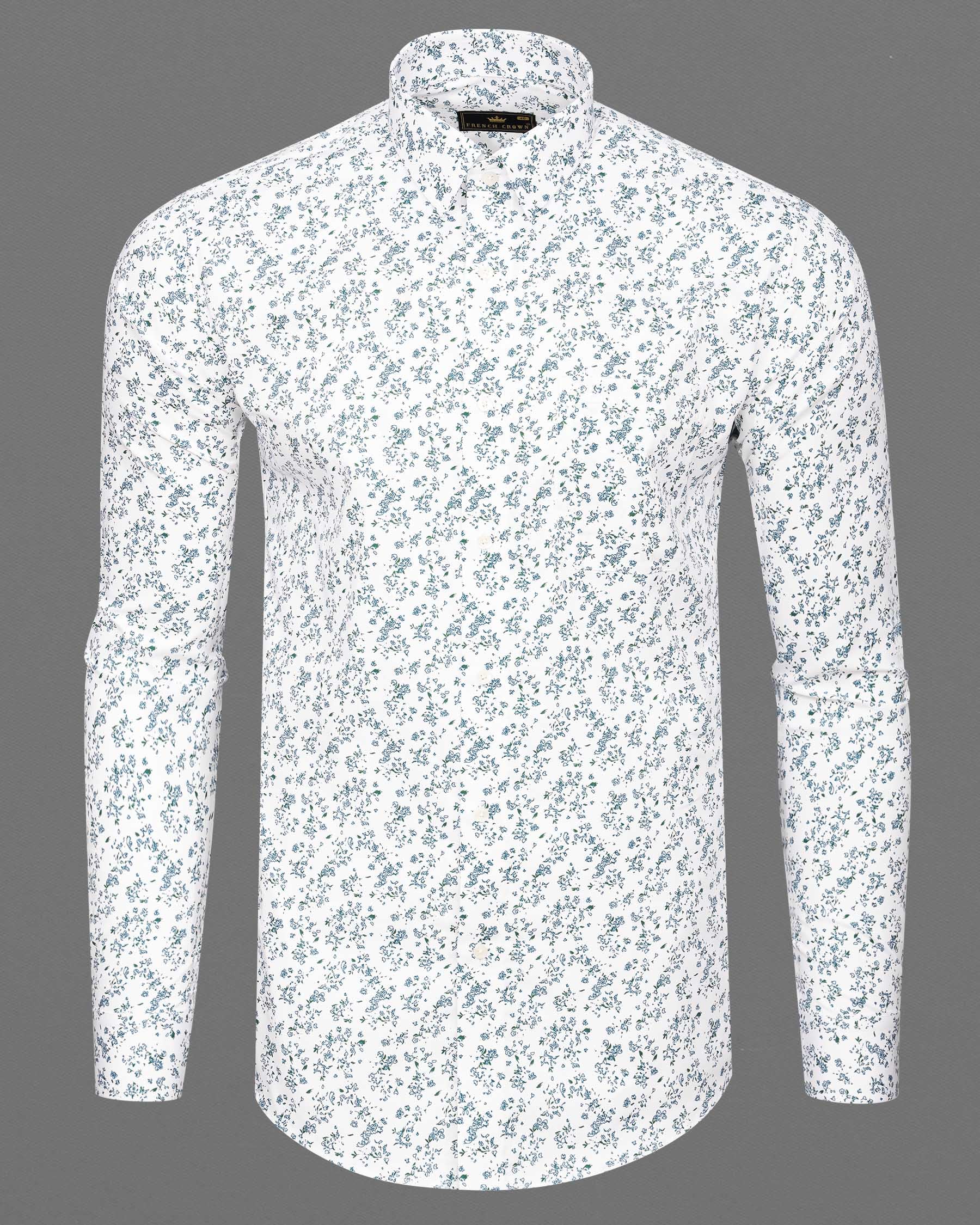 Bright White Quirky Twill Textured With Ditzy Printed Premium Cotton Shirt