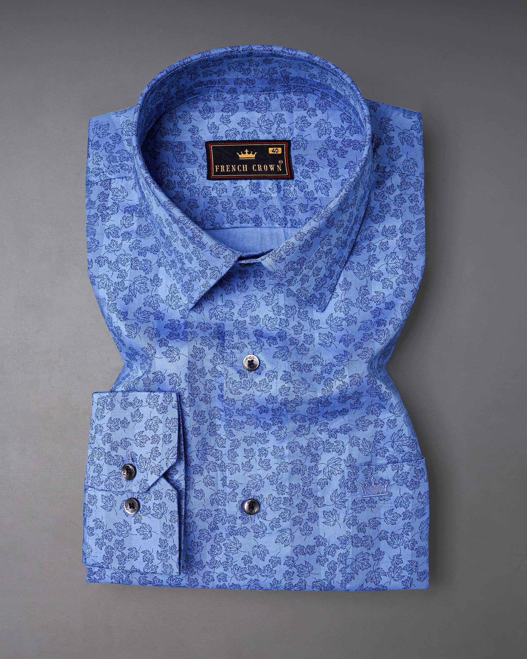 Glaucous Blue Leaves Textured Dobby Premium Giza Cotton Shirt