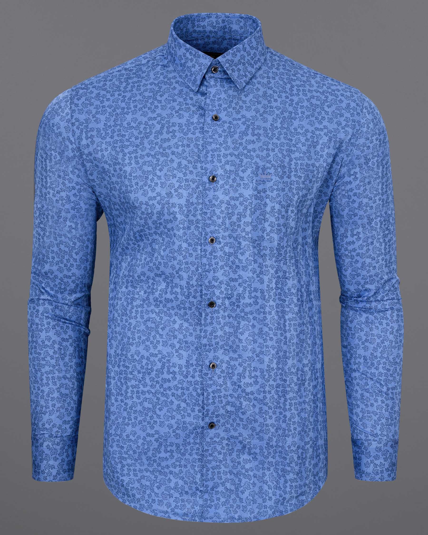 Glaucous Blue Leaves Textured Dobby Premium Giza Cotton Shirt