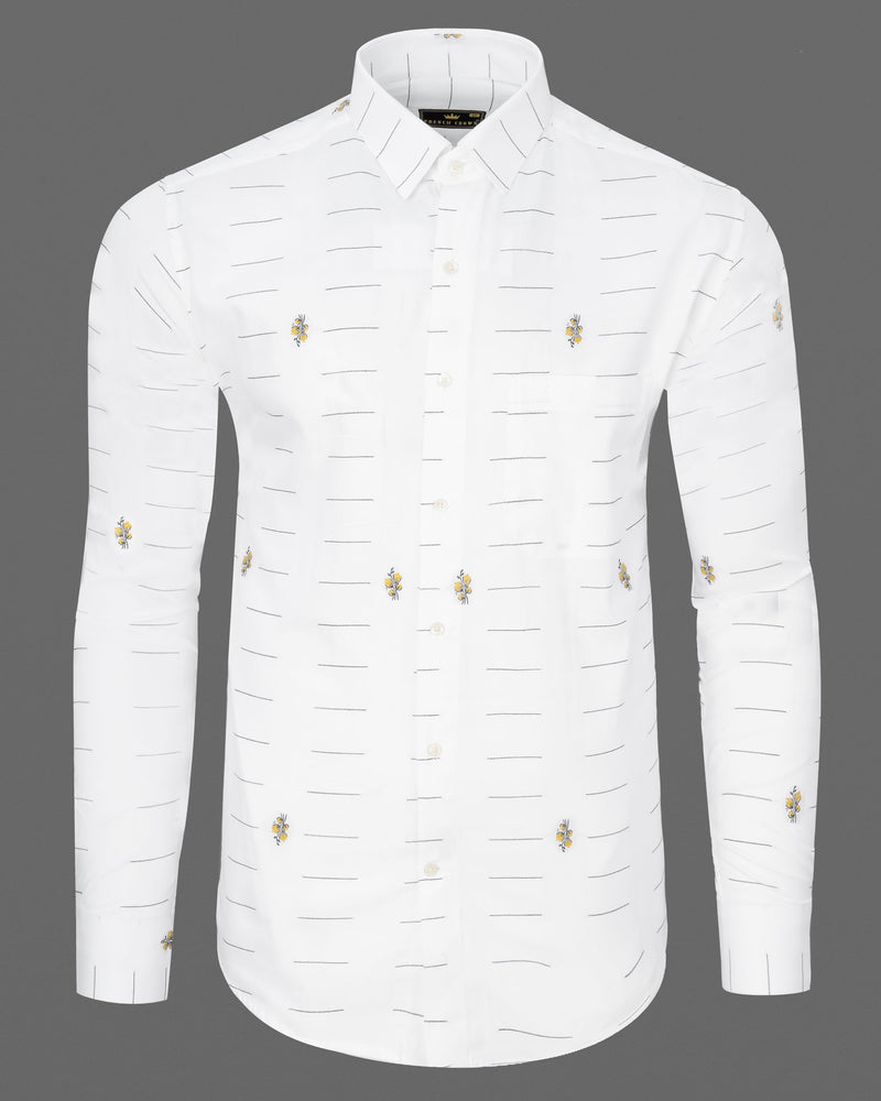 Bright White Linear and Floral Jacquard Textured Premium Giza Cotton Shirt